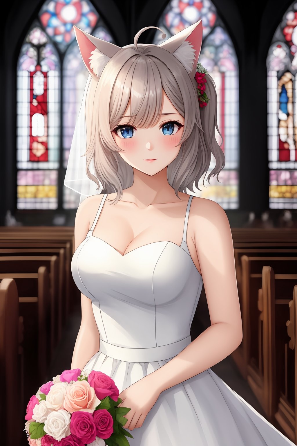 (((ahoge))),best quality,amazing quality,very aesthetic,absurdres,1girl,solo,bangs,grey hair,blue_eyes,blush,bare shoulder,eyebrows visible through hair,medium breasts,medium hair,looking at viewer,shiny skin,side_ponytail,shiy clothes,background,church,stained glass,wedding,statue,wedding_dress,bouquet,flower_hair_ornament,flower_in_hair,flowers,animal_ears,cat_ears,