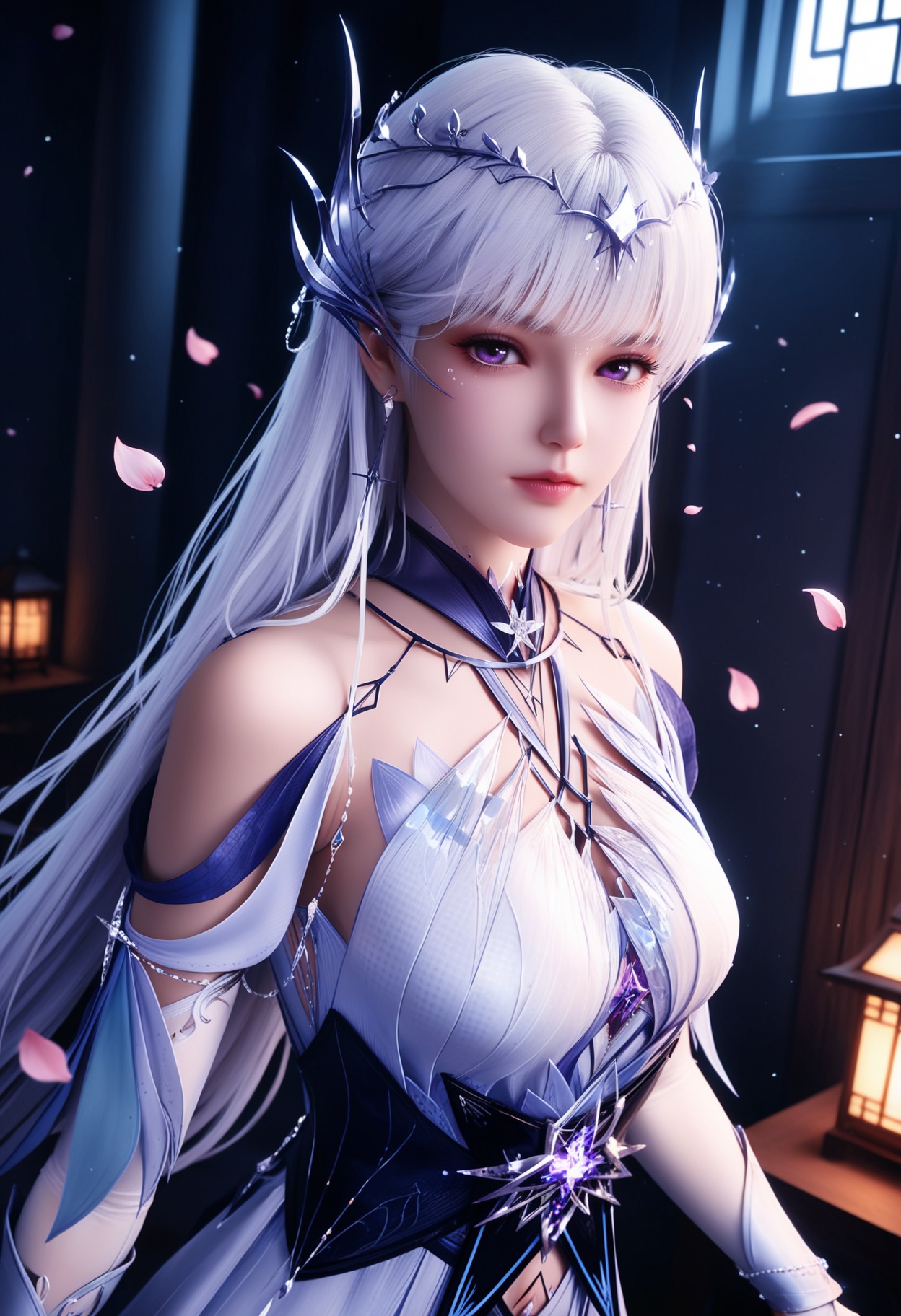 masterpiece,best quality,amazing quality,very aesthetic,high resolution,ultra-detailed,absurdres,scenery,photorealistic,(looking at viewer:1.1),upper body,(Dark room:1.3),(moody lighting:1.1),peach blossom,falling petals,(large breasts:0.8),shengcaiersj,1girl,solo,long hair,hair ornament,dress,white hair,bare shoulders,purple eyes,white dress,jewelry,realistic,earrings,detached sleeves,high_heels BREAK photorealistic details,<lora:QQSillshengcaiersjV1:0.8>,