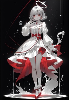 (best quality), ((masterpiece)), (highres), illustration, original, extremely detailed,  <lora:ACG ART_Vl:0.7>halo, spot color, solo, red eyes, jewelry, 1girl, long sleeves, monochrome, short hair, bangs, puffy long sleeves, frills, looking at viewer, arm at side, hand up, black background, holding, bow, liquid, full body, puffy sleeves, red gemstone, light particles, socks, brooch, dress, shoes, greyscale, gem, parted lips, standing, sleeves past wrists, earrings, ribbon