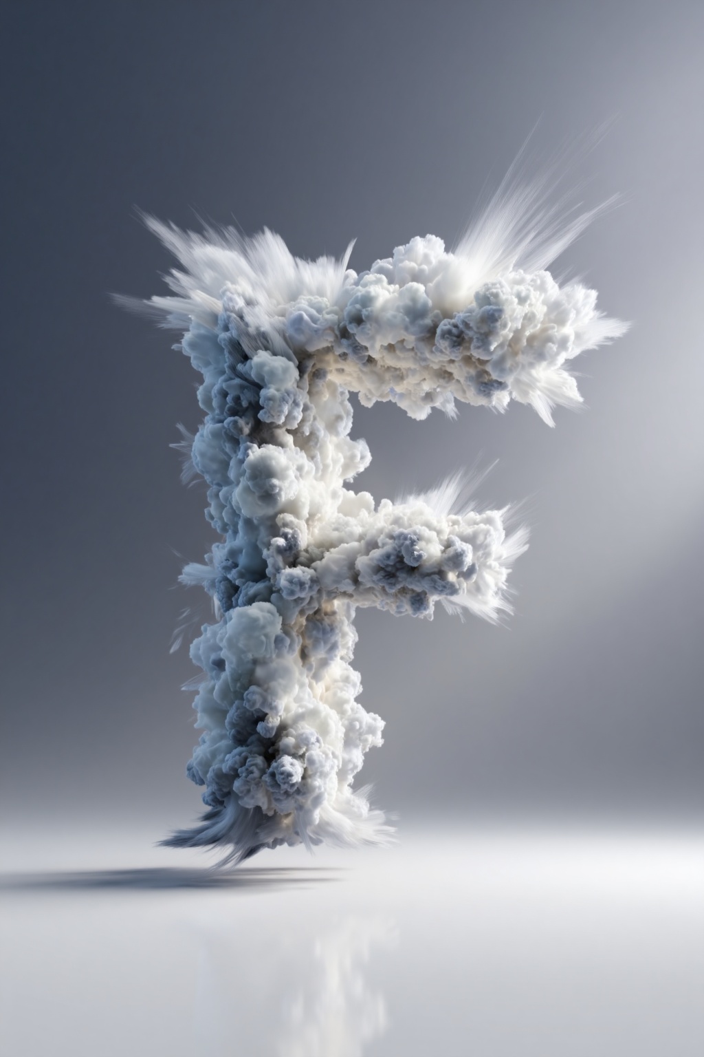 beijihui,3D icon design of letter 'F',**** of layered cumulus cloud formations--billowing soft white and silver-gray vapors with subtle light shafts filtering through,edges feathered and wispy--hyperrealistic,hyperdetail,front view,studio lighting,100mm lens,white solid background,