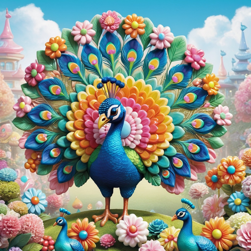 GummiRay,Imagine a charming,stylized scene where a whimsical peacock,crafted from soft,colorful gummy candies,displays its adorable,oversized plumage. The peacock has a delightful,cartoonish appearance with exaggerated,cute features. Its feathers are a playful patchwork of bright gummy shapes,with larger-than-life,sparkling eyespots made from iridescent gummy rings. The body is a round,cuddly shape,boasting a vibrant blue and green gummy texture that invites a sense of joy and wonder. This miniature peacock sits in a fantasy garden filled with candy flowers and marshmallow bushes,beneath a sky of cotton candy clouds. The artwork should be rendered in a cheerful,digital art style,focusing on bold,exaggerated details that emphasize the peacock's endearing qualities and the soft,sugary appeal of the gummy world it inhabits,(((poakl flower style))),<lora:poaklflowerstyle-000010:0.6>,
