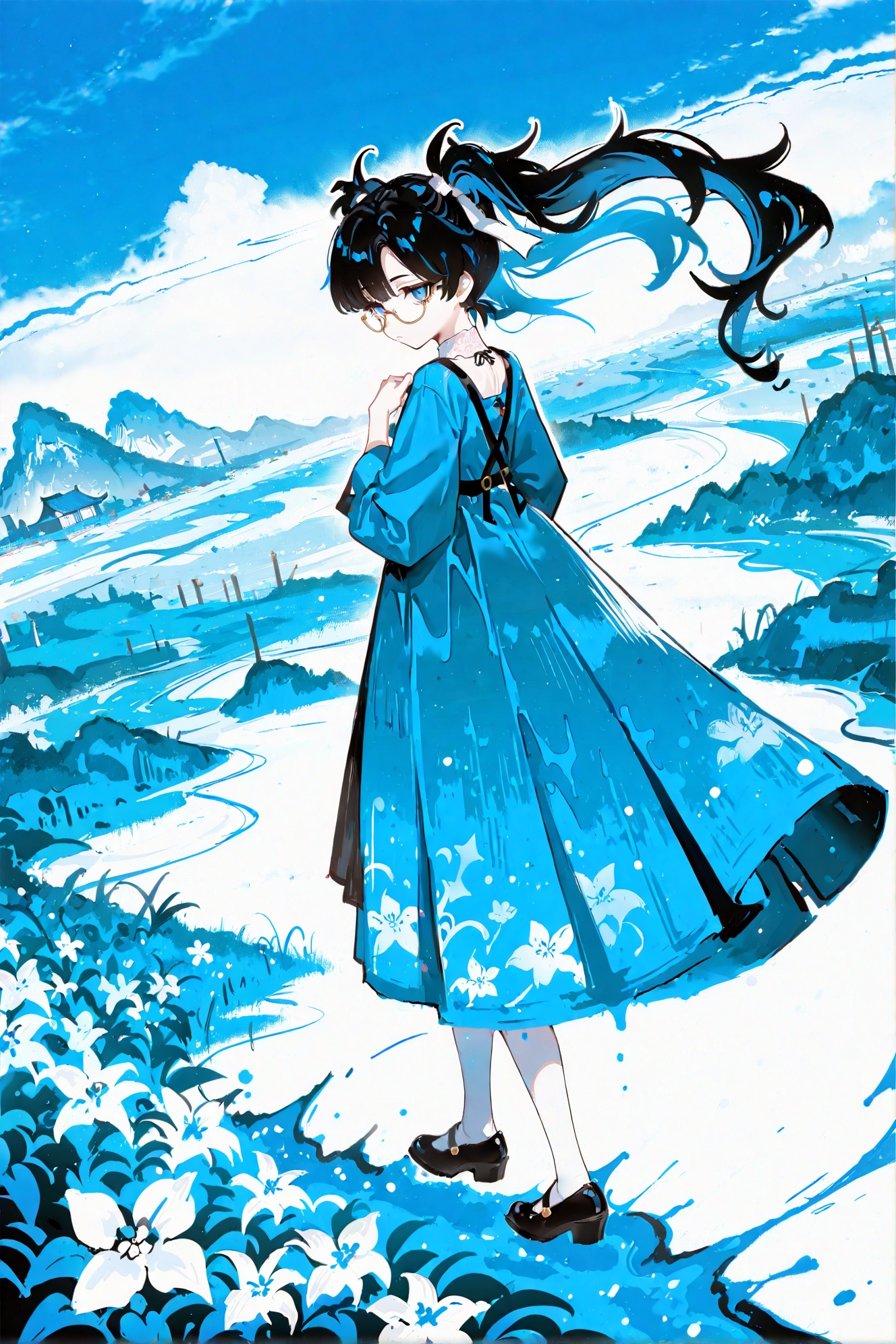 masterpiece,best quality,good quality,very awa,very aesthetic,absurdres,newest,solo,jitome,big eyes,looking at viewer,simple background,1girl,flower,ink and wash,landscape,ink,traditional chinese painting,guofeng,full body,monochrome,looking back,white background,female focus,blue theme,Background Segmentation,Dutch Angle,<lora:ponyv6_noobV1_2_adamW-000017:0.8>,<lora:USNR_STYLE_XL_lokr:0.45>,<lora:mengxuanliart:0.65>,<lora:zhezhi-ill-Tanger:0.8>,zhezhi,default clothes,white pantyhose,1girl,long hair,black hair,glasses,twintails,dress,black footwear,