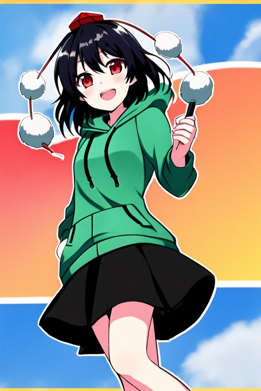 shameimaru aya,1girl,hat,solo,pom pom \(clothes\),red eyes,black hair,smile,open mouth,wings,<lora:aya5:1>,(hoodie:1.2),
