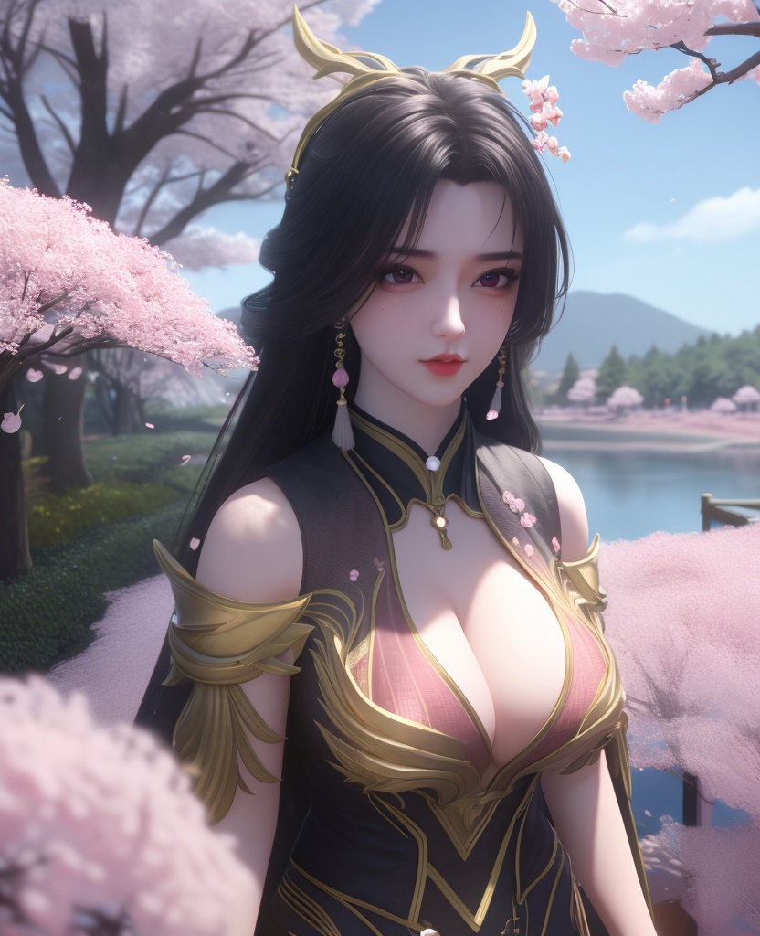 <lora:549-DA-百炼成神-司妙玲:0.8>(,1girl, ,best quality, ),looking at viewer,  ultra detailed background,ultra realistic 8k cg,ultra detailed 8k cg,masterpiece,upper body,  (( , )),, ,science fiction,mole, ultra realistic 8k cg, ,    ,outdoors, sun,sunlight, cherry blossoms,      (cleavage), (),