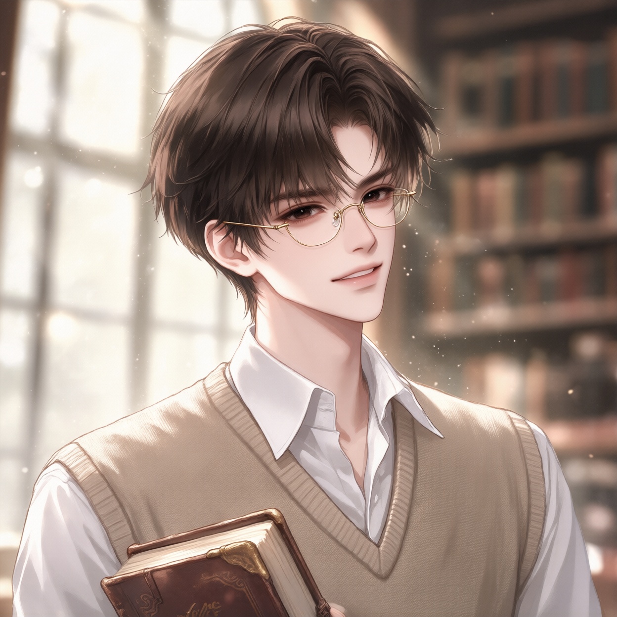 A handsome young man with neat dark brown hair wears thin-rimmed gold glasses and a beige sweater vest over a white shirt....