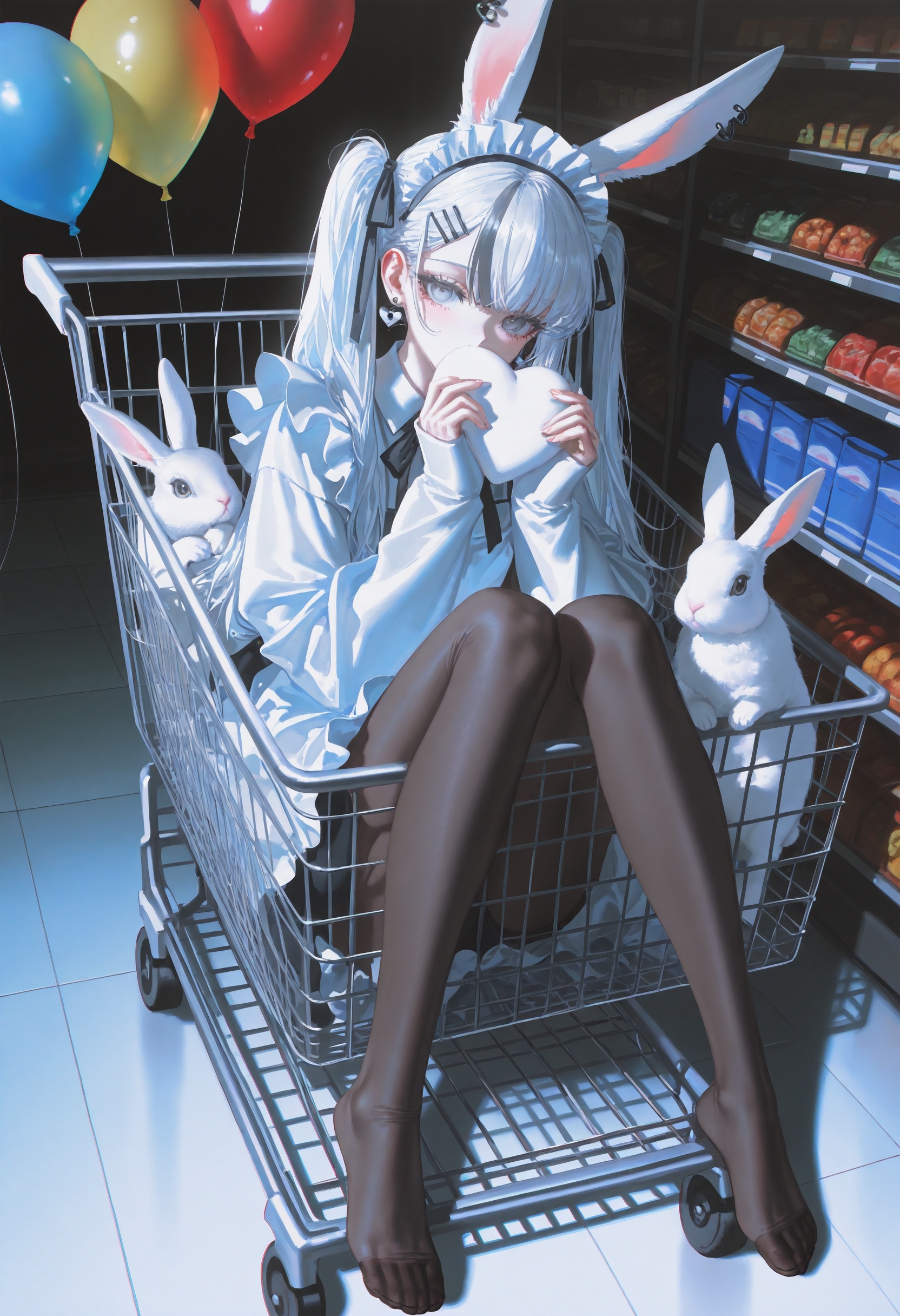 masterpiece,best quality,artist:john_kafka,artist:nixeu,artist:quasarcake,chromatic aberration,film grain,high contrast,color contrast,cold colors,gritty,graphite \\\\(medium\\\\),1girl, solo, long hair, looking at viewer, bangs, hair ornament, long sleeves, holding, animal ears, sitting, heart, multicolored hair, hairclip, rabbit ears, streaked hair, sleeves past wrists, maid headdress, rabbit, balloon, no shoes,twintails, jewelry,full body, hair ribbon, white hair, pantyhose, earrings,grey eyes, black pantyhose,Sitting in the shopping cart,Supermarket, shopping rack,