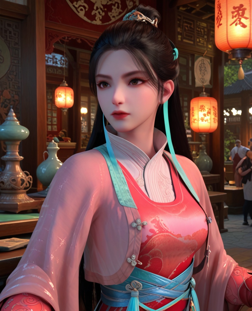 (oriental architecture, elegant decor, sophisticated style:1.1),(contemporary aerial dance:1.1),(breasts:1.2),<lora:XL少年歌行尹落霞:0.95>,miss yinluoxia,pink chiffon outerwea with red dress underneath,black hair,long hair,azure hair ribbon,white lingerie collar,brown eyes,hair ornament,blue waist tie,eyeshadow,lips,fingerless gloves,, score_9,score_8_up,score_7_up,score_6_up,score_5_up,score_4_up,3d rendering,tag1,tag2, Cinematic Lighting,backlighting,