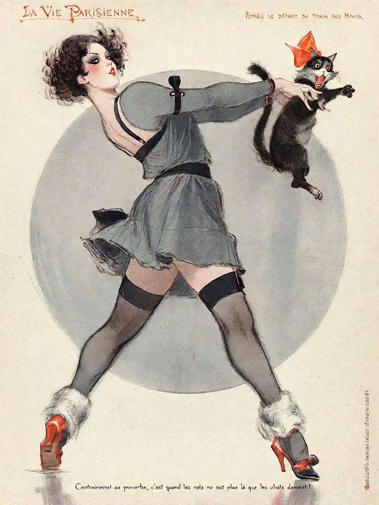 Bradhamel art style.A woman with curly dark hair,  wearing a short-sleeved gray dress with black straps,  black stockings...