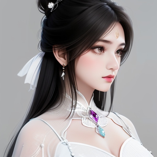 1girl,portrait,simple background,black hair,hair ornament,dress,jewelry,closed mouth,earrings,grey background,white dress,looking to the side,single hair bun,forehead mark,realistic,catfish bangs,hair down to chest,very long hair,<lora:lbc_luxueqi_240331_v1.1-000009:0.9>,