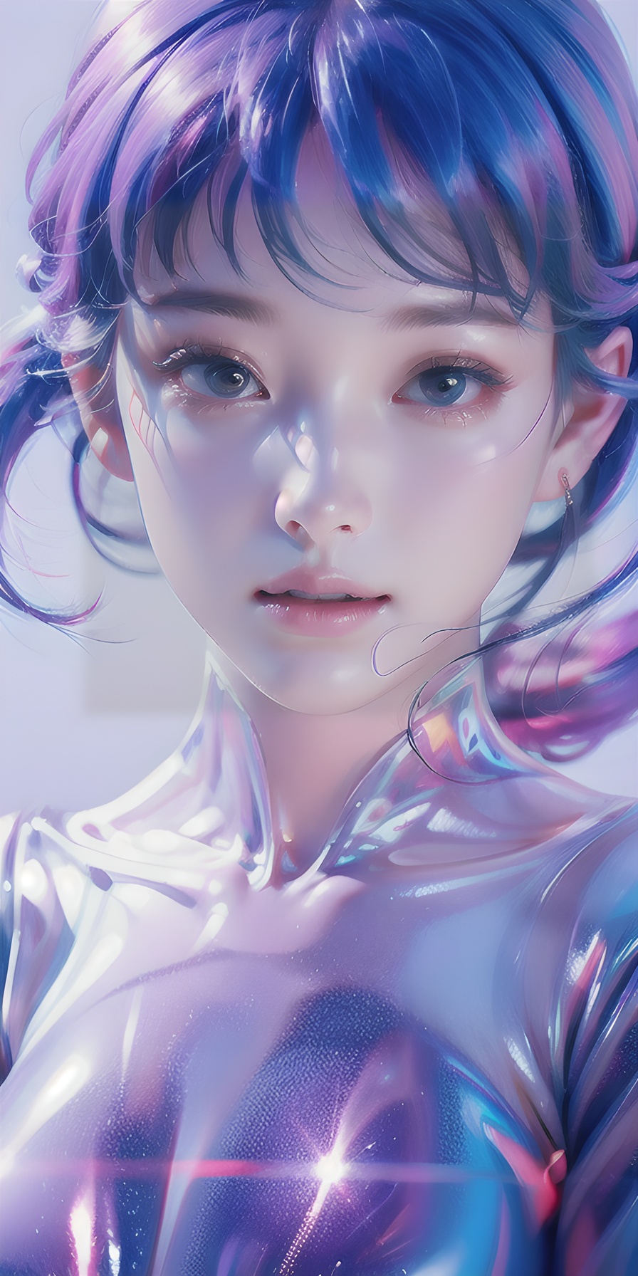 1girl, solo, blue eyes, hair over one eye, smile, looking at viewer, upper body,(holo hair), (purple|blue hair),breasts, lips, bangs, nose, closed mouth, medium breasts, realistic, simple background,(realistic:1.5),masterpiece, Extremely detailed CG unity 8k wallpaper, best quality, highres:1.2),(ultra_detailed, UHD:1.2),(pixiv:1.3),perfect illumination,distinct,unreal engine,sidelighting,perfect face,detailed face,beautiful eyes,pretty face,(bright skin:1.3),idol,ulzzang-6500-v1.1,soft smile,(simple background),(depth of field),(ringed eyes:1.4), (holo,holographic hair,holographic body),water, holo water,  <lora:holo_20230701001227:0.6>, <lora:meinv123:0.9>, <lora:磨砂玻璃几何（微软风）:1.0>, 