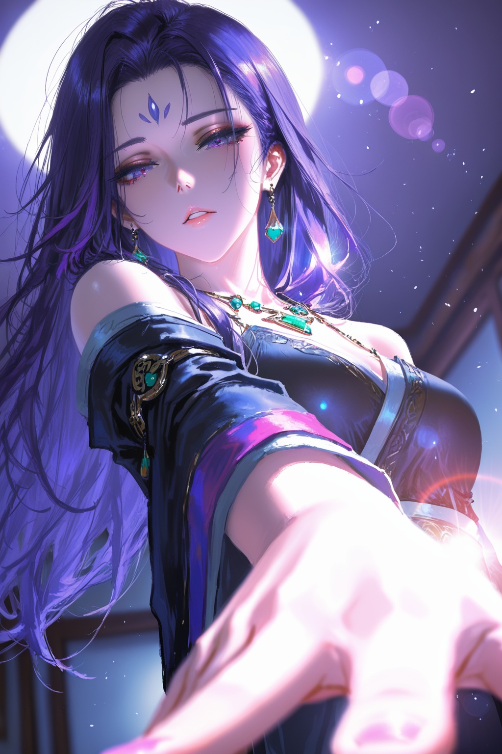 Detail enhancement,depth of field,cinematic lighting,light particles,lens flare,masterpiece,best quality,amazing quality,very aesthetic,absurdres,best quality,newest,(artist:quasarcake:0.8),extreme aesthetic,(wlop:0.9),masterpiece,best quality,good quality,newest,year 2024,year 2023,very aesthetic,absurdres,A shot with tension,impactful picture,official art,colorful,splash of color,movie perspective,dynamic pose,foreshortening,extreme perspective,<lora:合欢宗主:0.8>,1girl,solo,purple hair,long hair,purple eyes,jewelry,looking at viewer,earrings,forehead,forehead mark,facial mark,