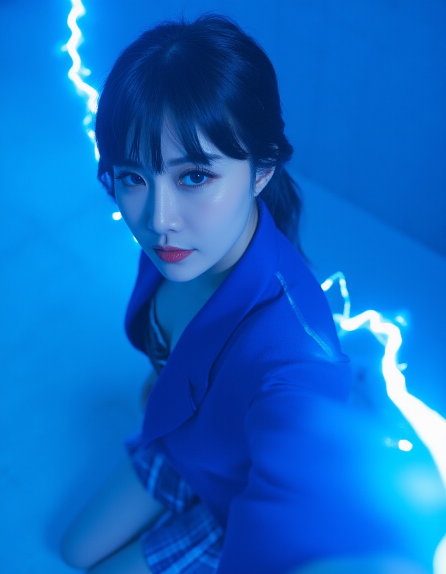 Masterpiece,Top quality,beautiful Korean woman,doll-like face,clean skin,neat deep cobalt blue short cut,bright determined grin,school blazer power suit,blazer seams glowing with blue light,plaid skirt with energy field shimmer,active pose,whipping a glowing energy chain upwards,dynamic arc of blue light in front of her face,intensely saturated monochromatic cobalt blue background,digital grid pattern,POV,high angle,face-focused close-up,looking up at viewer,