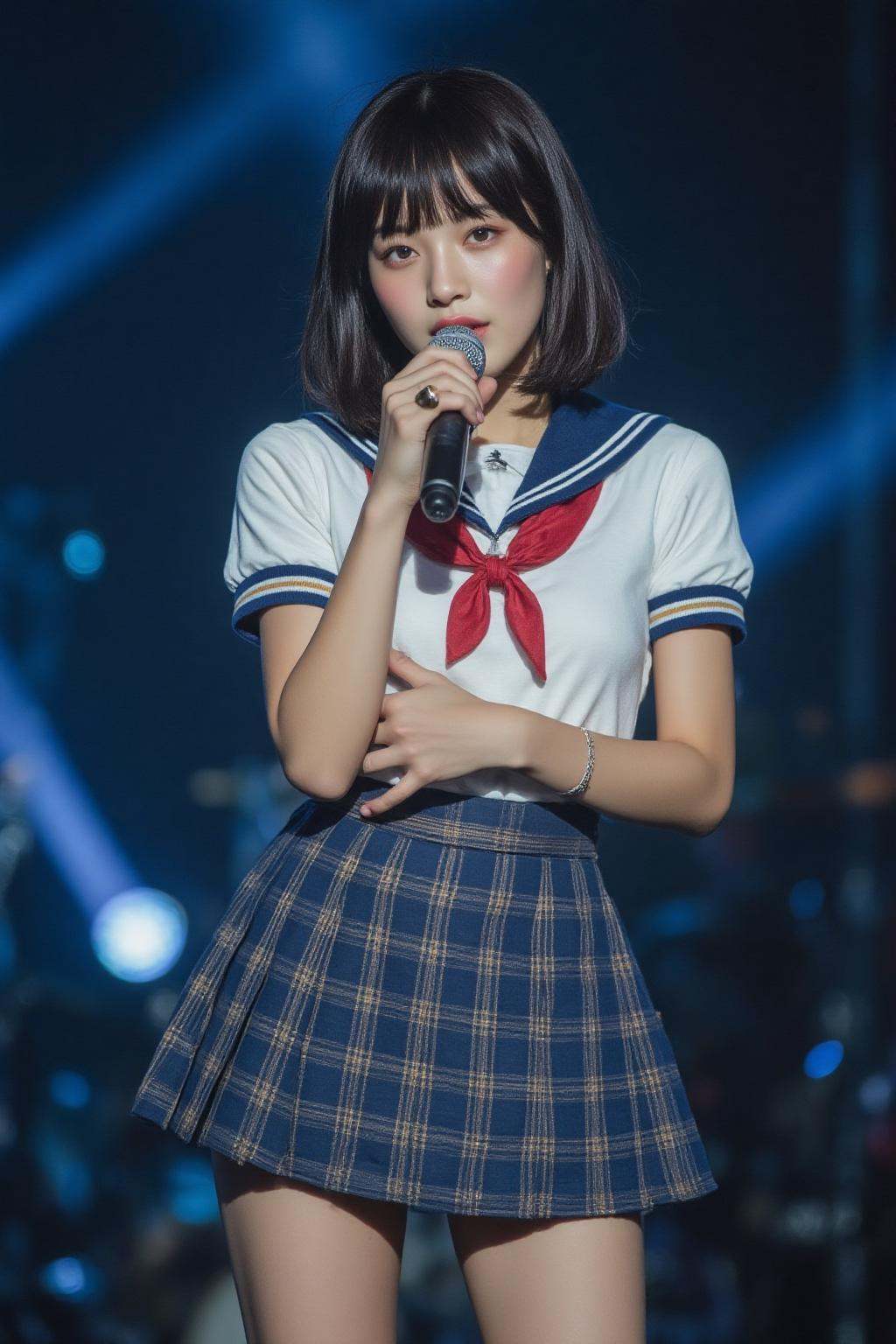 midjourney photograph.A young Japnese woman withou shoulder length hair and bangs,  with a slim physique,  wearing a schoo...