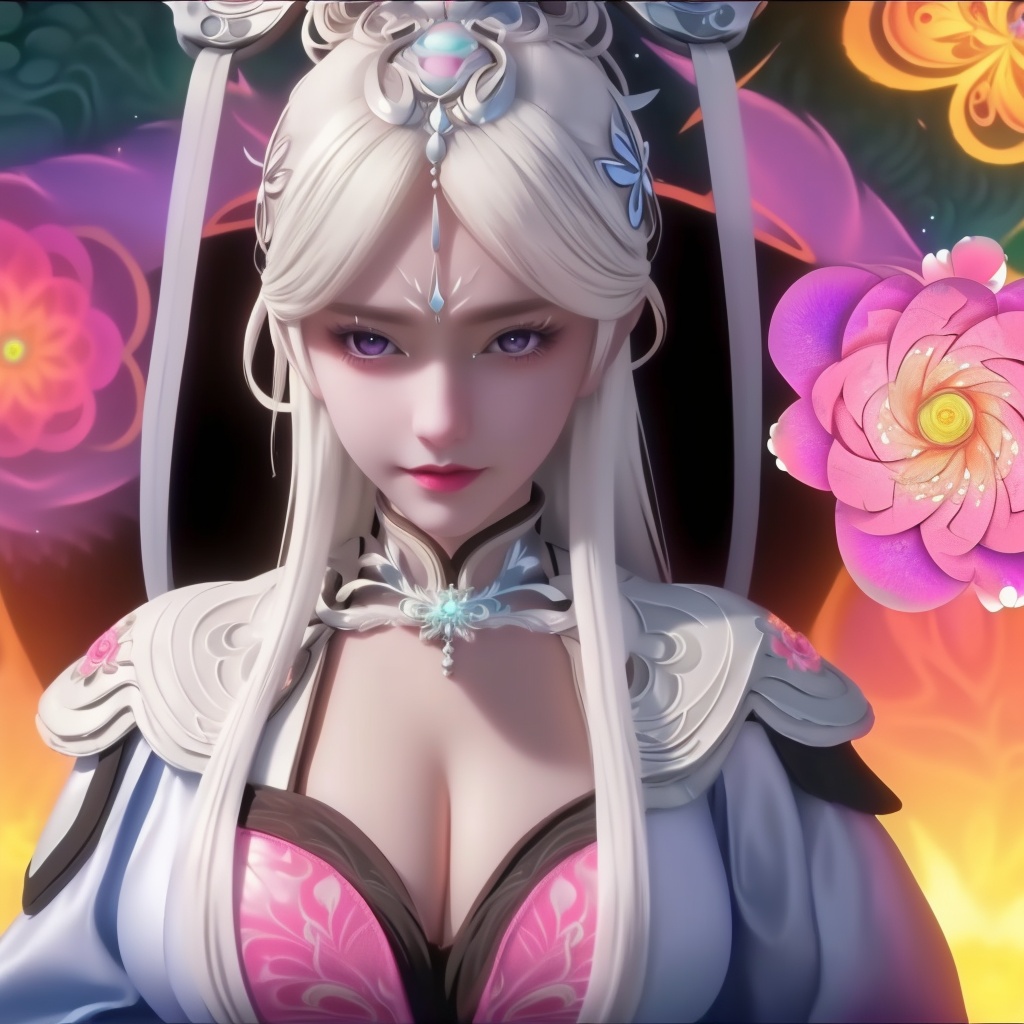 <lora:741-DA-万界独尊-杨天雪:0.8>, (,1girl, ,best quality, ),looking at viewer,,anime,(masterpiece, top quality, best quality, official art, beautiful and aesthetic:1.2), (1girl)	, , (cleavage),extreme detailed,(fractal art:1.3),colorful, flowers ,highest detailed,()    (cleavage), (),