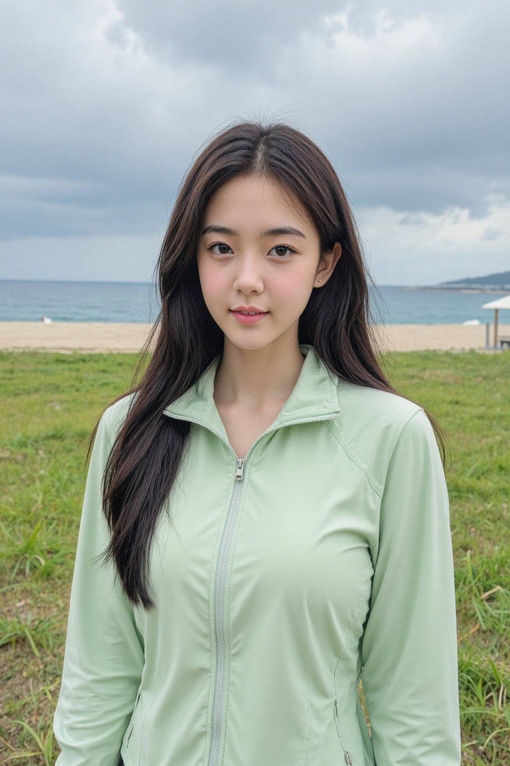A young Asian woman with long dark hair,  wearing a light green zip-up jacket,  stands outdoors on a grassy field with a b...
