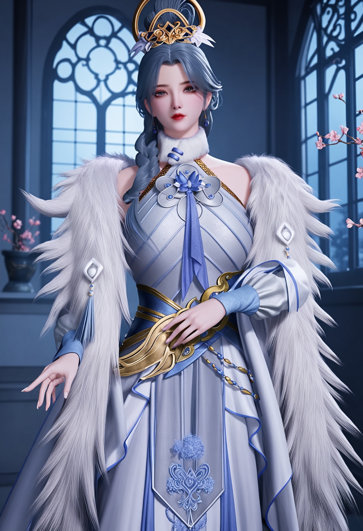 (full_body:1.2),(gigantic breasts:0.7),(looking at viewer:1.1),facing viewer,direct gaze,(masterpiece:1.1),(best quality:1.2),(intricate details),(smog:1.3),(Dark room:1.3),(dim lighting:1.3),peach blossom,falling petals,<lora:YQ_Illustrious光辉v5_冥土始祖_烛_V1:0.9>,1girl,q1528437228,solo,long hair,braid,hair ornament,jewelry,earrings,dress,grey hair,fur trim,blue hair,grey eyes,hair bun,black hair,masterpiece,(best quality),(intricate details:0.9) BREAK (intricate details:0.9),(realistic skin:1.2),masterpiece,best quality,newest,absurdres,hiahres,
