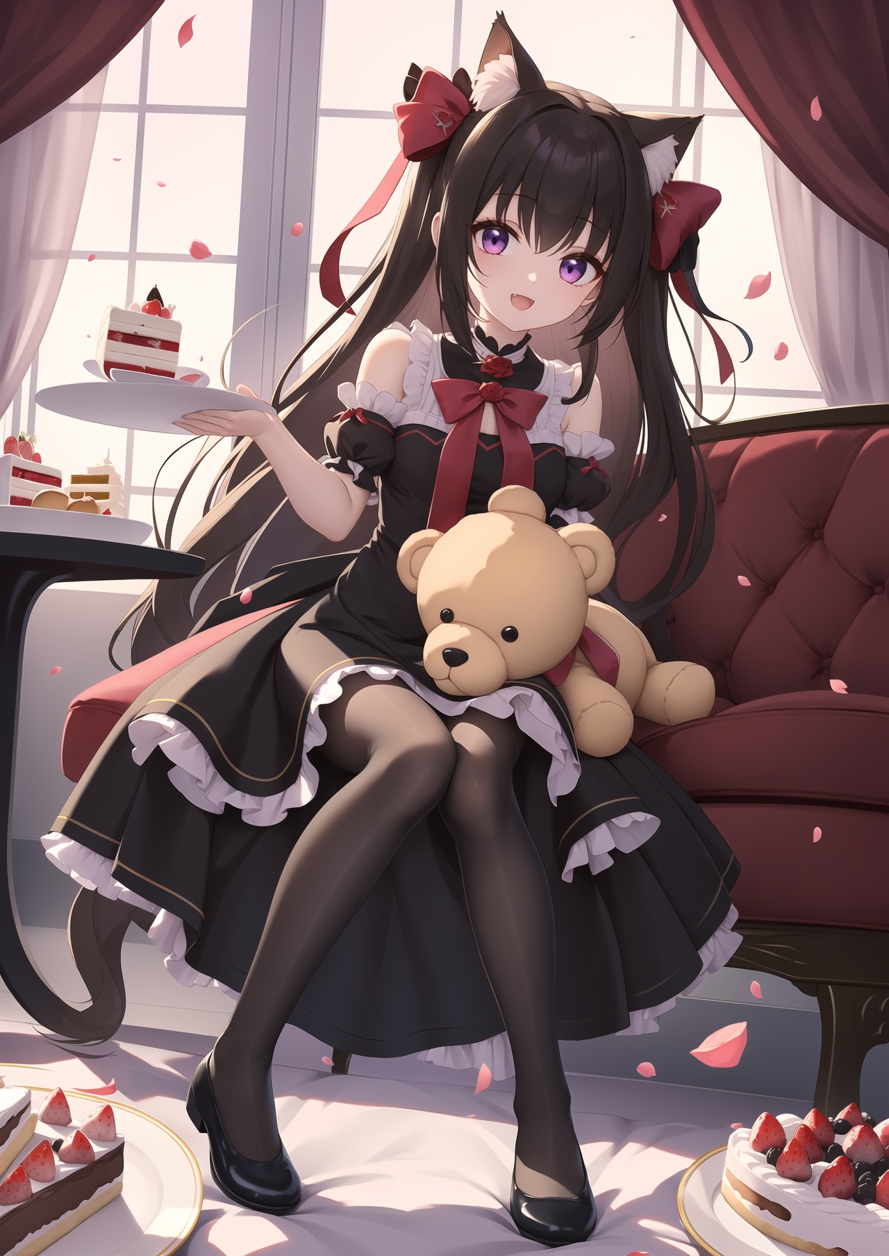 masterpiece,best quality,1girl,purple eyes,animal ears,solo,rose,shoes,black footwear,dress,flower,cup,food,smile,stuffed toy,cake,puffy sleeves,long hair,thighhighs,teacup,stuffed animal,red flower,red rose,short sleeves,brown hair,two side up,black dress,puffy short sleeves,petals,cake slice,:d,animal ear fluff,looking at viewer,no shoes,detached sleeves,frills,macaron,frilled dress,teddy bear,black thighhighs,very long hair,bow,tiered tray,plate,single shoe,minigirl,sitting,mini person,hair ornament,holding,cat ears,hair bow,table,fang,pantyhose,rose petals,full body,open mouth,