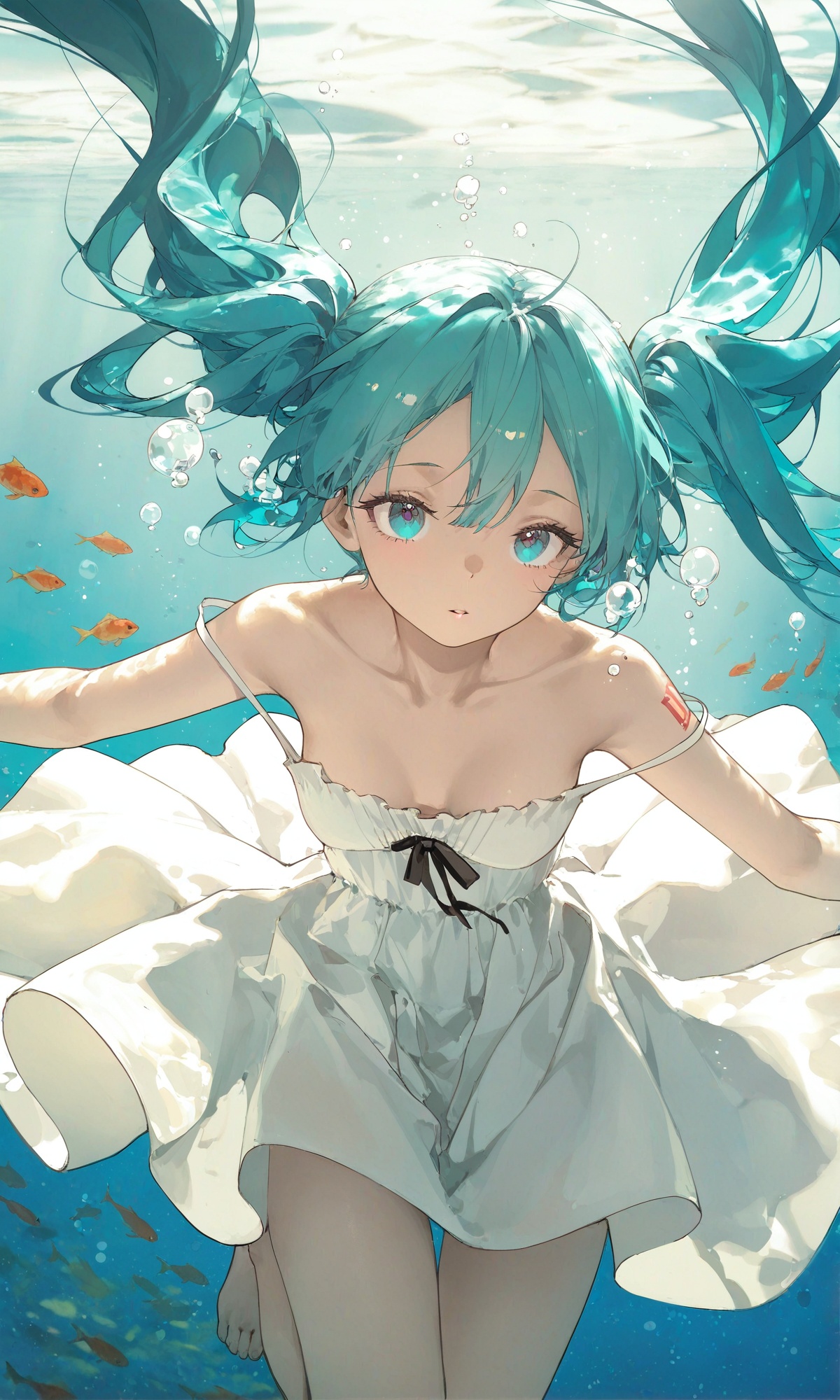 simple,sketch lines,mixed media,conceptual art,z3zz4,dino \(dinoartforame\),ichika \(ichika87\),toosaka asagi,nekojira,rhasta,rella,1girl,hatsune miku,long hair,underwater,bubble,solo,very long hair,dress,twintails,fish,air bubble,blue eyes,strap slip,blue hair,barefoot,submerged,