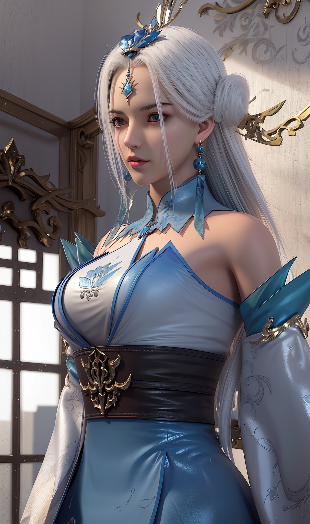 masterpiece,(best quality),3d,official art, extremely detailed cg 8k wallpaper,((crystalstexture skin)), (extremely delicate and beautiful),highly detailed,1girl,solo,long hair,headwear,(standing),(white_hair),((dress,skirt)),, (chinese_clothes),((upper body)),(closed_mouth), (medium breasts),((hair_ornament)),(sunshine, indoor,(bed)),((looking_at_viewer)),((Facing the camera)), <lora:hipoly3DModelLora_v10:0.3>