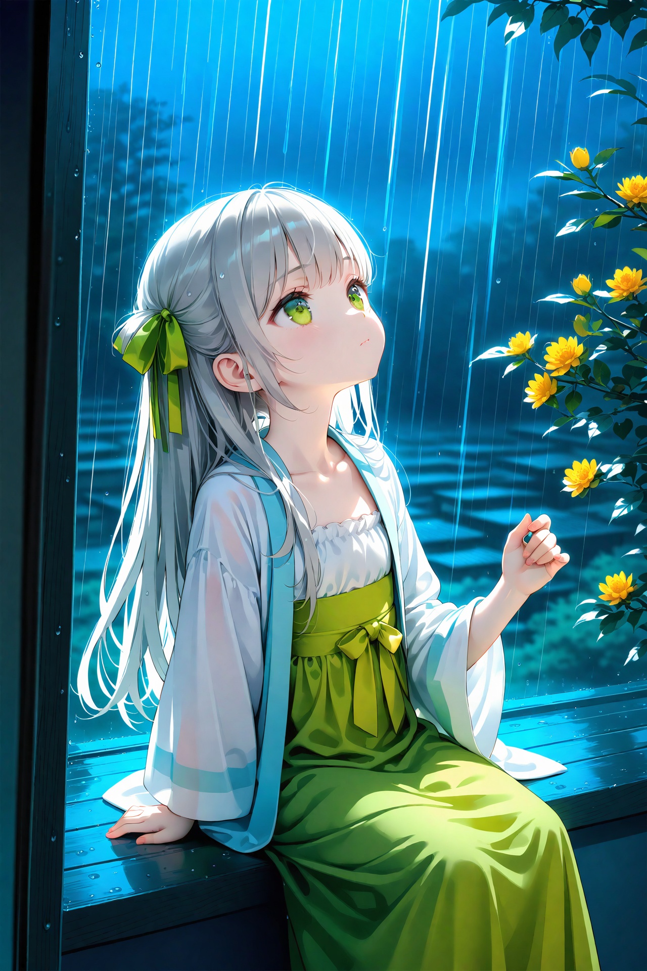 masterpiece,best quality,illustration,ultra detailed,hdr,Depth of field,(colorful),hanfu,1girl,loli,solo,green eyes,chinese clothes,rain,flower,window,night,wide sleeves,ribbon,long sleeves,grey hair,long hair,hair ribbon,indoors,branch,collarbone,looking up,holding,sitting,closed mouth,
