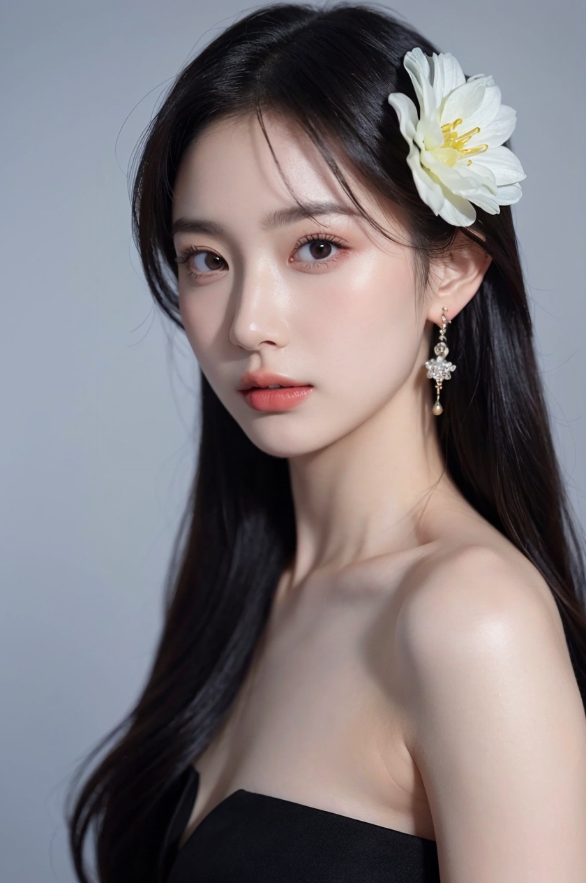 1girl, solo,(front view:1.2),(looking_at_viewer:1.4),(eye-contact:1.4),,black hair, long hair, jewelry, realistic, earrings, hair ornament, black eyes, lips, collarbone, parted lips, flower, watermark, upper body, portrait, hair flower, dress, web address,  <lora:YG红颜阁美女7:0.8>,