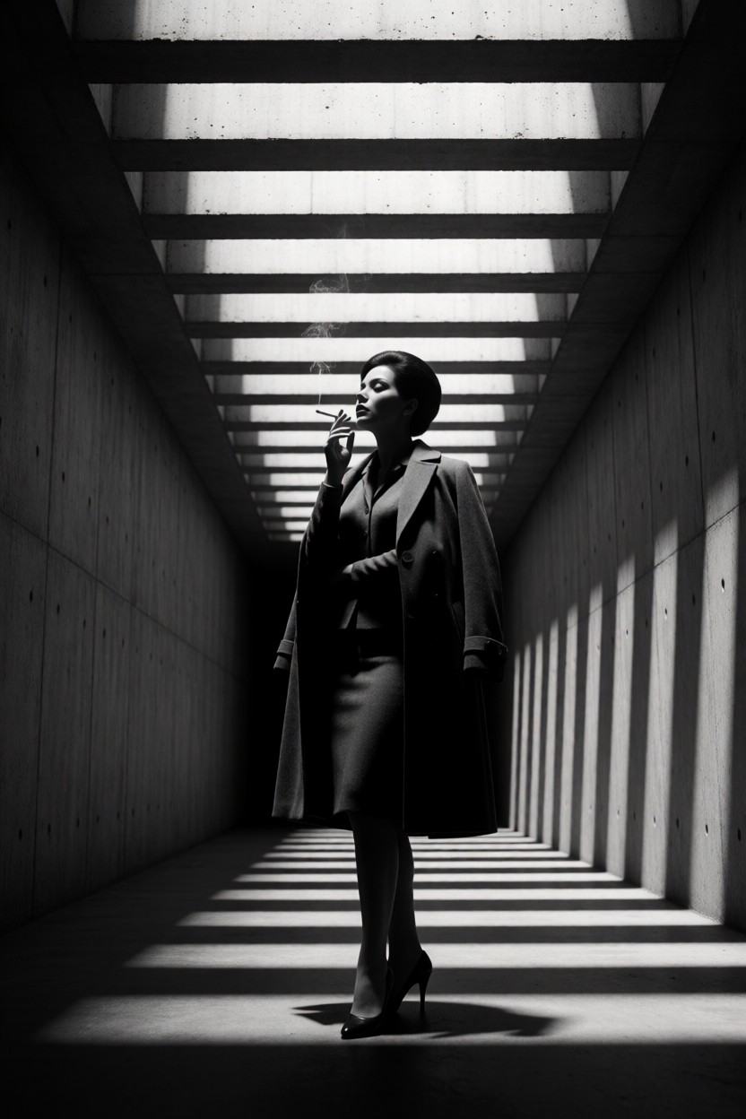 Elegant 1960s woman in tailored suit,  high heels and trench coat smoking a cigarette in a brutalist concrete corridor,  c...