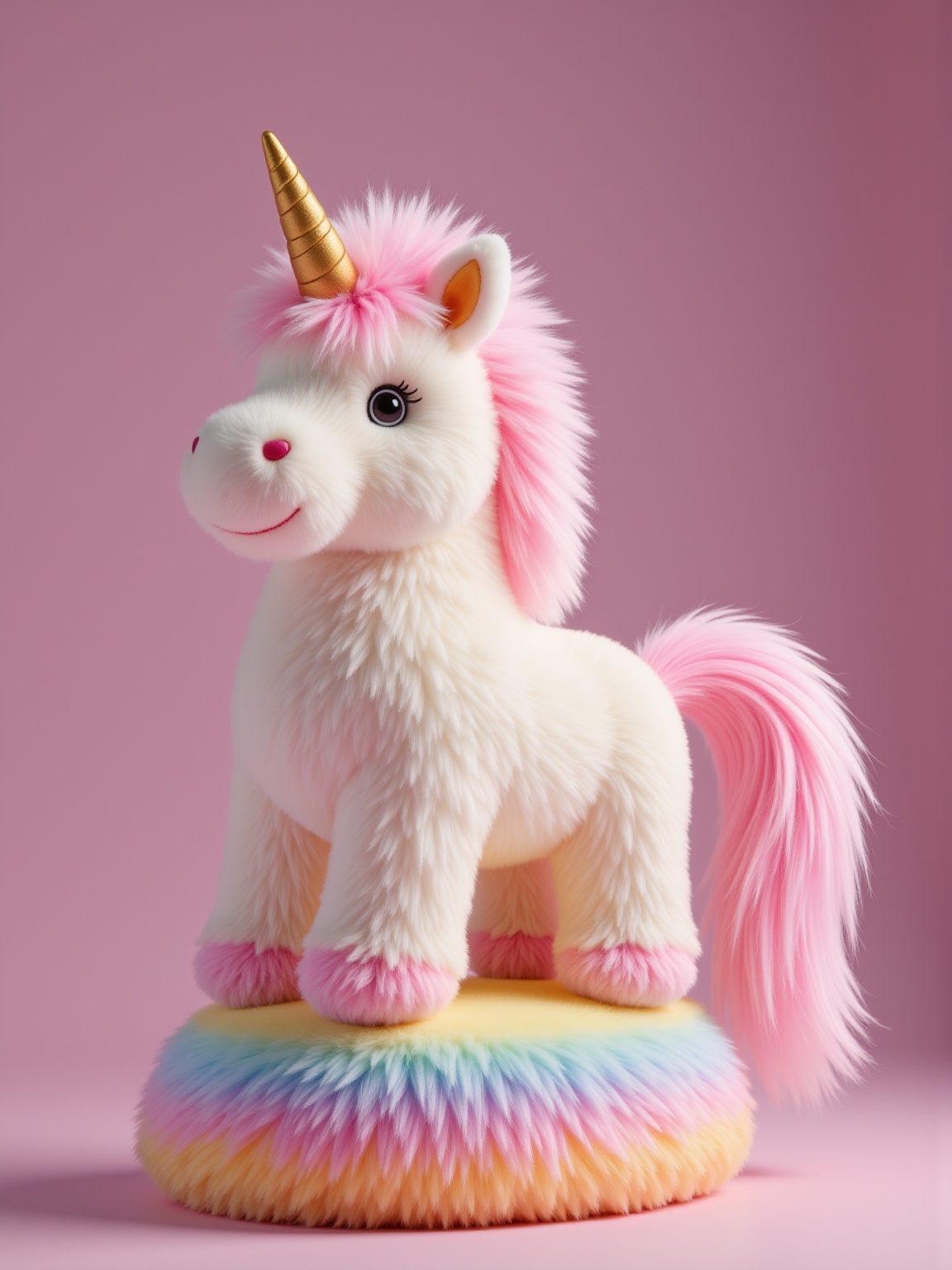 YY_plush,cute,Plush wool,Plush,soft edge,matching,plush,3D,real,3d model,Inflation,expansion,soft gradient colors,studio lighting,light reflection,(masterpiece:1.2),exquisite,high resolution,perfectillumination,(Extreme detail cG:1.2),best quality,8K,subtle Long-furred plush unicorn, with a flowing mane and tail that are extra soft and fluffy. The unicorn has a shimmering horn and sparkling eyes, standing majestically on a rainbow-colored base.<lora:YY-毛绒F.1:1>,