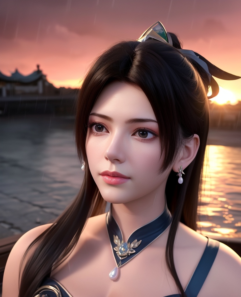 <lora:584-DA-星辰变-白灵:0.8>(,1girl, ,best quality, ),looking at viewer,  ,,ultra detailed 8k cg, ultra detailed background ,ultra realistic 8k cg,          cinematic lighting, cinematic bloom, (( , )),,  , unreal, science fiction,  luxury, jewelry, diamond, pearl, gem, sapphire, ruby, emerald, intricate detail, delicate pattern, charming, alluring, seductive, erotic, enchanting, hair ornament, necklace, earrings, bracelet, armlet,halo,masterpiece, (( , )),, realistic,science fiction,mole,   ,cherry blossoms,,(((Best quality, masterpiece, ultra high res, (photorealistic:1.4), raw photo, 1girl, ,rain, , sunlight, sunset, qianqiu wanxia,     )))  (cleavage), (),