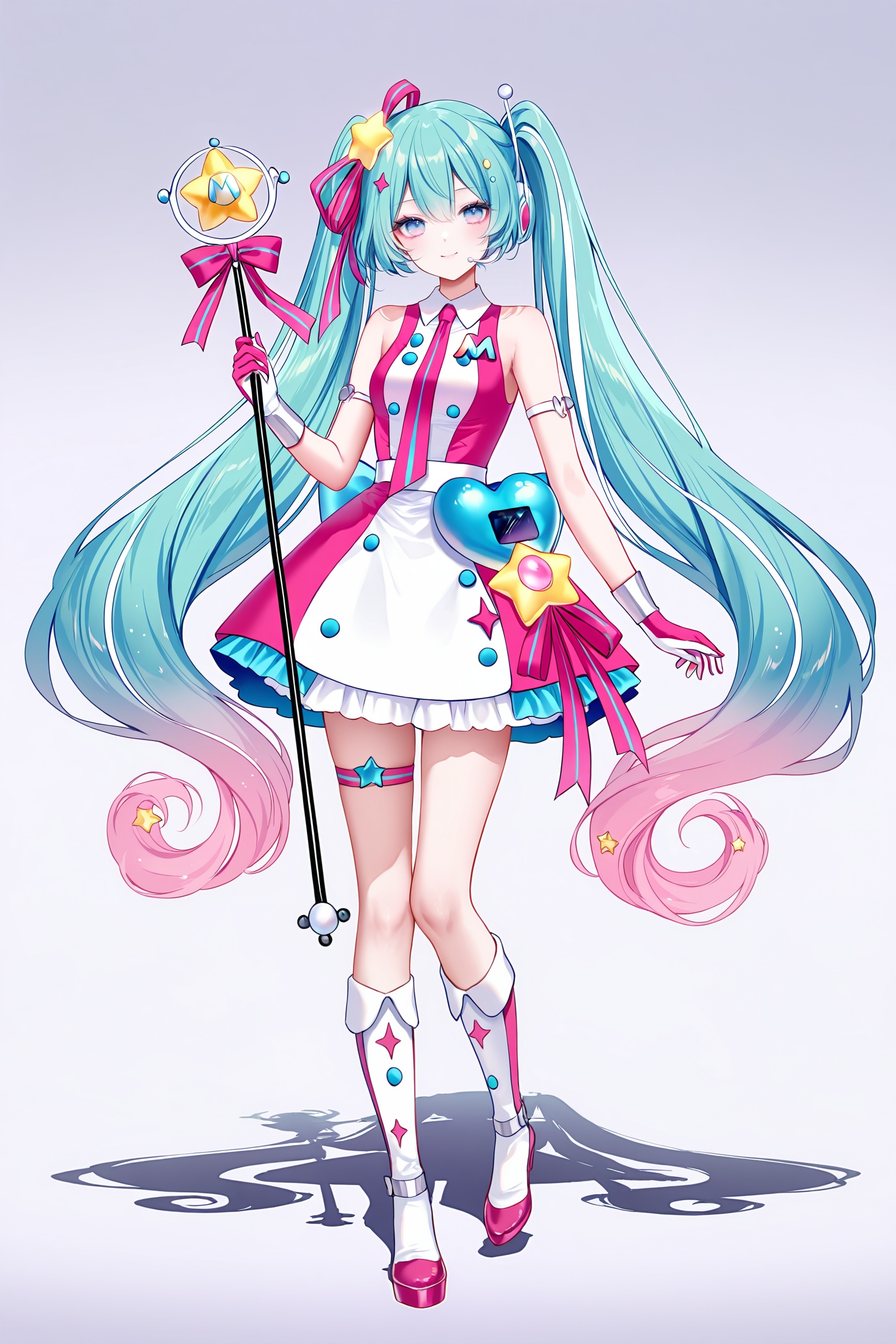 masterpiece,best quality,newest,absurdres,highres,soft shadows,photorealistic,(chen bin:0.5),(hiten \(hitenkei\):0.4),(rimuu:0.5),(mignon:0.5),(sheya:0.6),<lora:MMM2022XLNAI:1>,magical mirai miku \(2022\),necktie,multicolored hair,hair ornaments,multicolored dress,white dress,pink dress,knee boots,thigh strap,multicolored gloves,ribbon,holding,