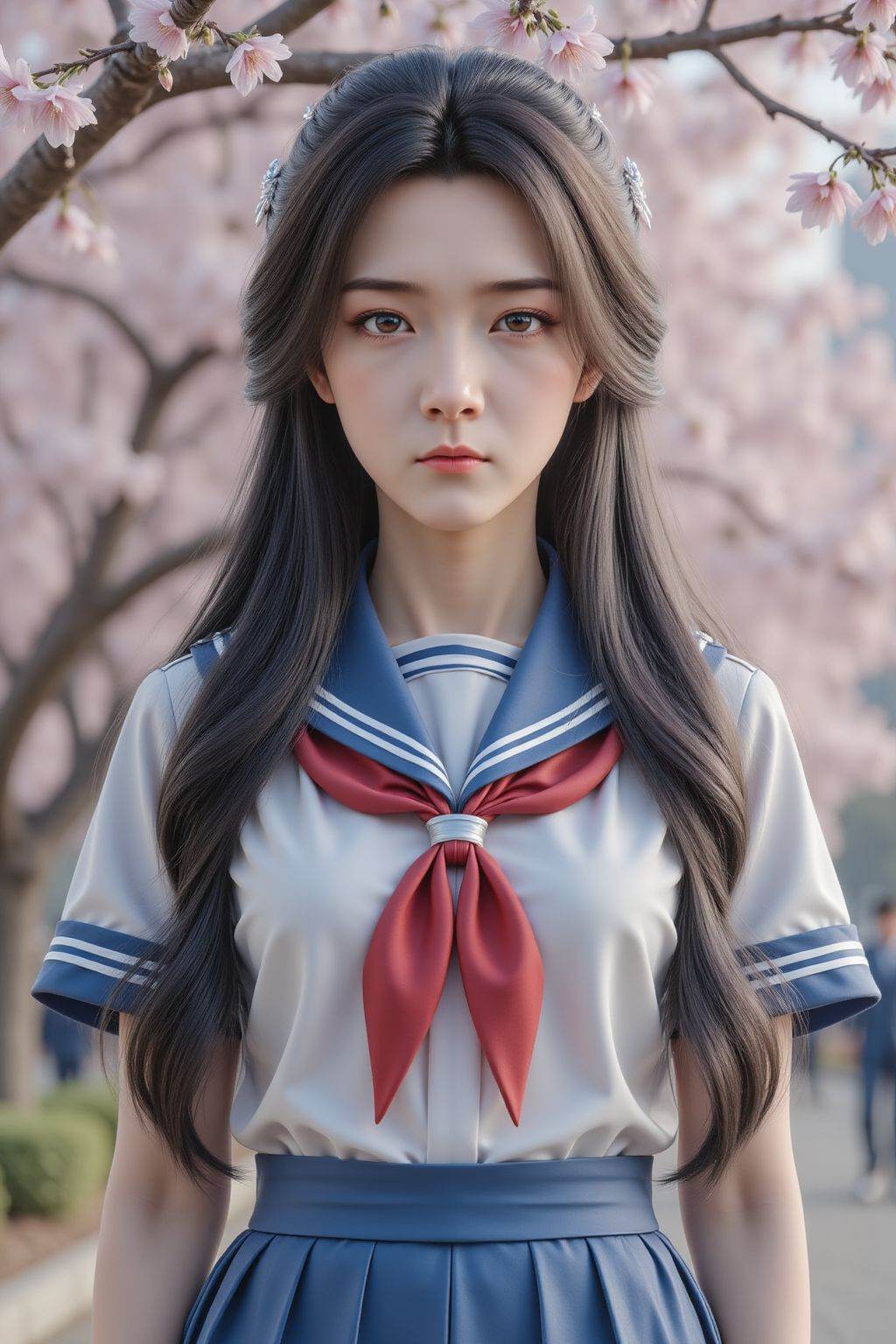 HDR photo of cinematic film still, young girl,school uniform,blue skirt,solo,long hair,looking at viewer,peach tree,peach blossom,petals,closed mouth, <lora:20251026_TinFlux1_5_Epoch10:1>