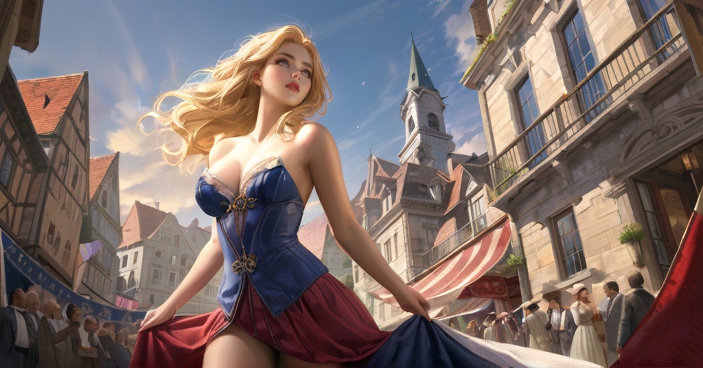(best quality), ((masterpiece)), (highres), illustration, original, extremely detailed,   <lora:ACG ART3_XL:0.8>1girl, breasts, blonde hair, cleavage, dress, bare shoulders, building, holding, flag