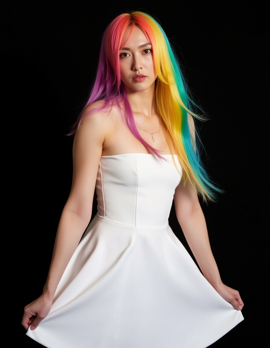a woman with a rainbow colored hair and a white dress is posing for a picture with a black background and a black background behind her is a black background and a black background with a white and a black background and a white and a white and blue and white background and a black background with a white background and a white and a white and a black and a white and a white image of a woman with a white and a white and a white and a rainbow and a black and a white and a black and a white and a white and a black and a white and a black and a black and a white