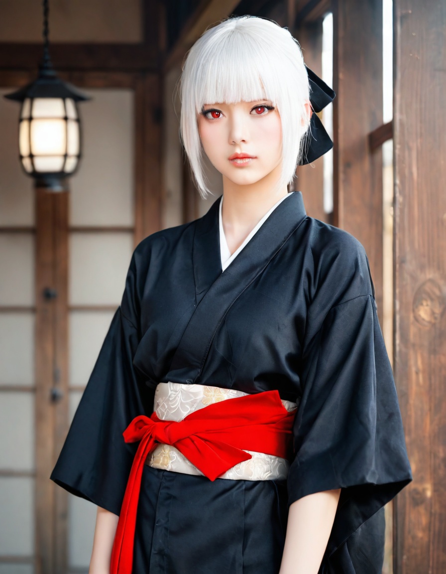 masterpiece,best quality,amazing quality,very aesthetic,absurdres,newest,highres,(dino_(dinoartforame):0.5),(yoneyama mai:0.5),shiragiku \(fatal frame\),fatal frame,1girl,red eyes,white hair,short hair,blunt bangs,sidelocks,hair ribbon,flat chest,black kimono,kimono,tress ribbon,albino,obi,a dim scene,dark light,dark,cover your mouth with one hand,backlight,drop_shadow,ray tracing,