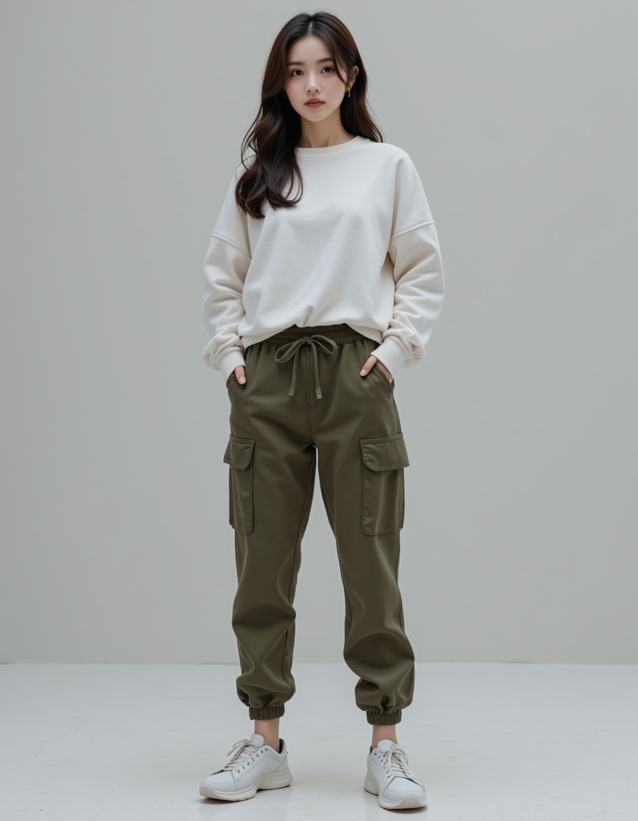 a real picture of a south korea woman,In Cargo Joggers\(Jogger-style pants with cargo pockets,blending comfort and utility\).,
