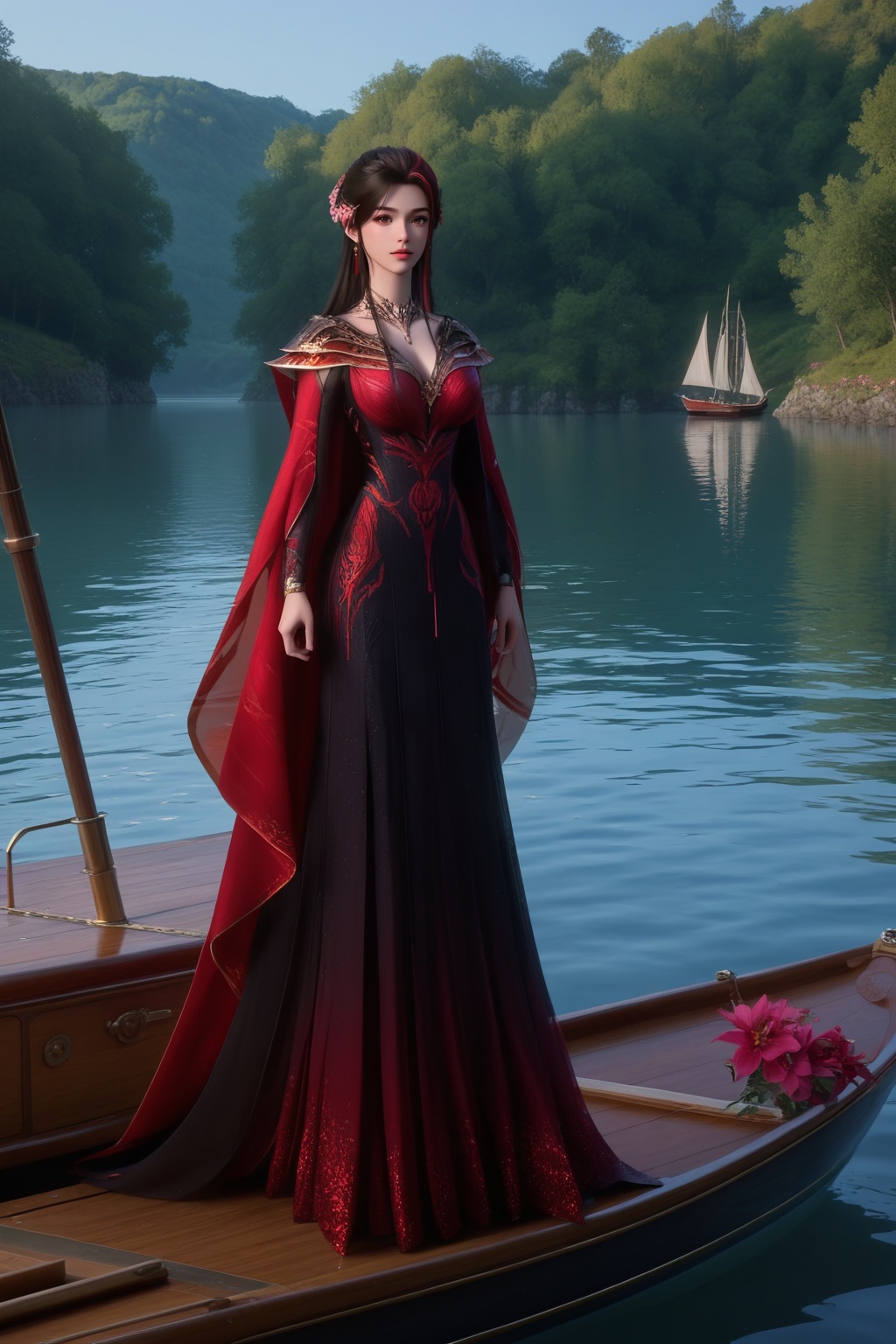 (Balancing on the edge of a sailboat, she revels in the exhilaration of the open sea and wind in her hair:1.2),looking at viewer,<lora:XL16神国之上赵襄儿皇服:0.85>,miss zhaoxianger,black corset evening gown with red embroidery,brown eyes,black hair,red streaked hair,very long hair,hair ornament,red cape train,(large breasts:1.2),tree,flower,pink_flower,water,stone,flowers_Surrounded,pondel,, score_9,score_8_up,score_7_up,score_6_up,score_5_up,score_4_up,3d rendering,tag1,tag2, Cinematic Lighting,backlighting,