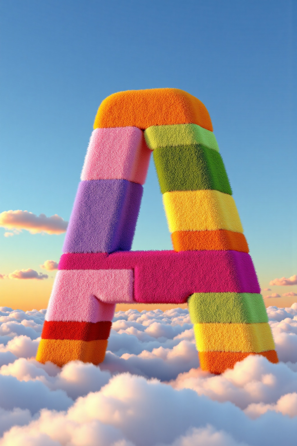 beijihui,Captured from a high-angle perspective on a cloudy day, a vibrant vibrant rainbow-colored letter "A" is prominently displayed against a backdrop of a blue sky. The letter is **** up of fluffy white clouds, adding a pop of color to the scene. The letters are adorned with a variety of vibrant colors, including pink, purple, green, yellow, and orange. The sky is a deep blue, with a few wispy clouds in the distance.