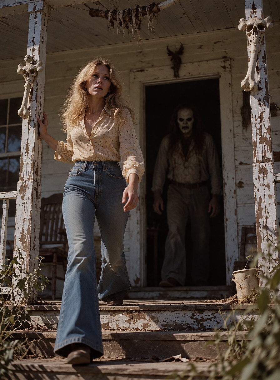 An attractive ***** blonde woman in denim bell-bottoms and a mustard-yellow blouse stands on the porch of a dilapidated Te...