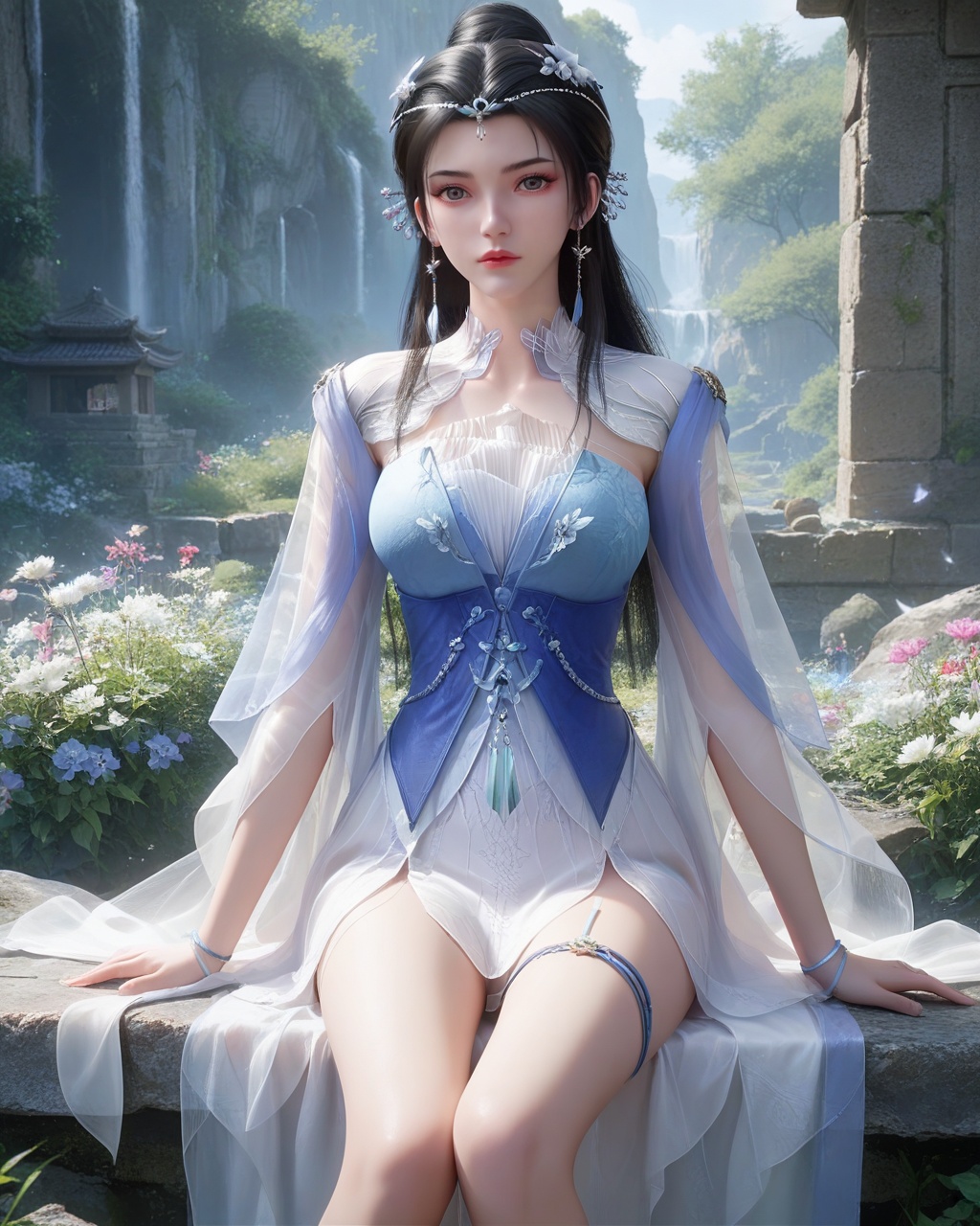 score_9,score_8_up,score_7_up,break.,1girl,solo,high quality,hair ornament,looking at viewer,1girl,solo,long hair,black hair,<lora:wy_limuwan_sn_XL7.1:0.8>,sitting,outdoors,gaden,flower,thick_thighs,
