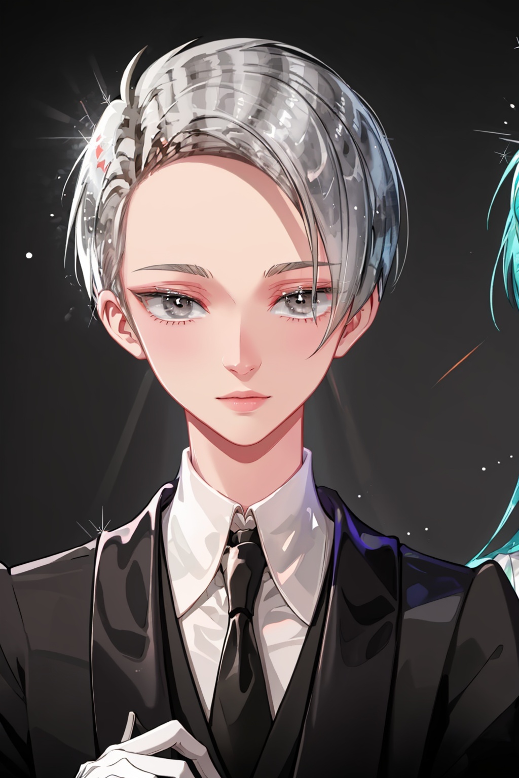 masterpiece,best quality, highly detailed, cairngorm (houseki no kuni),1other, androgynous, solo, looking at viewer, gem uniform (houseki no kuni), sparkle, necktie, white gloves,<lora:cairngorm_(houseki_no_kuni):1>