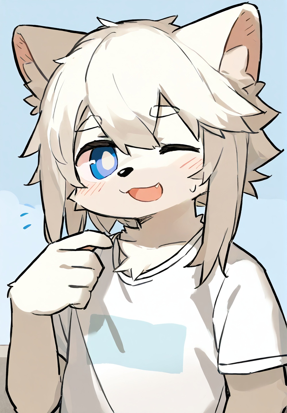 [[nploser,nekowuwu]],solo,shota,furry,kemono,dog_boy BREAK [red_inner_ear],[white_fur,blue_eyes],portrait,one eye closed,(masterpiece, best quality:1.1),body fur,anthro,t-shirt,<lora:furry工厂:0.5>,Right mid length drooping frontal hair,(Asymmetric hair on the temples:1.2),