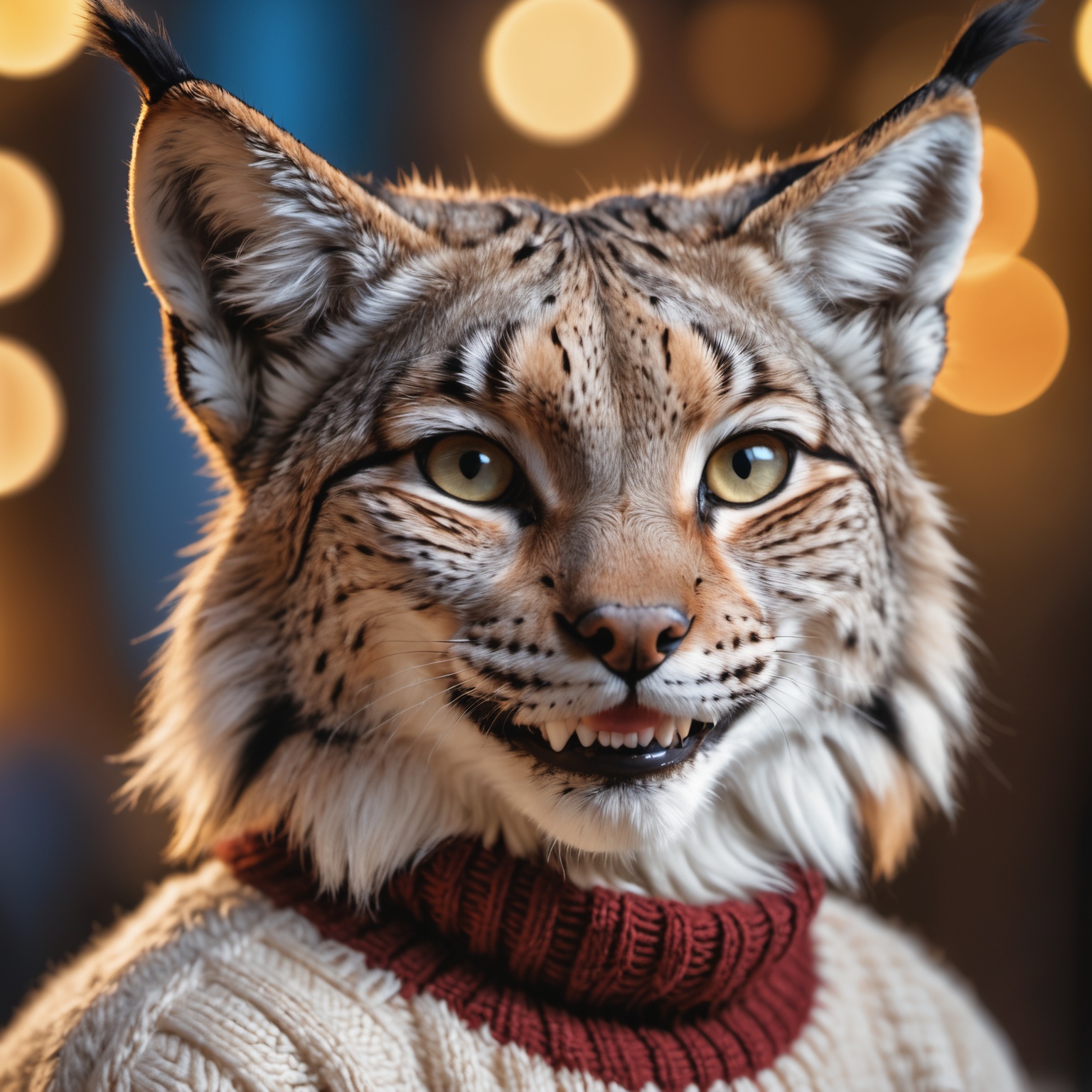 detailed closeup photo of a lynx wearing a wool sweater,  fangs,  smiling on Tensor.Art
