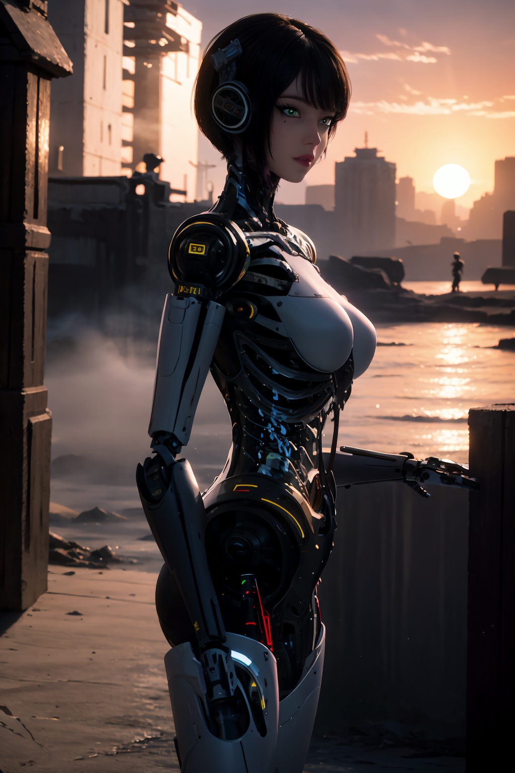 ash,1girl,green eyes,android,black hair,looking at viewer,robot joints,solo,breasts,mechanical parts,short hair,joints,cyborg,blurry background,lips,medium breasts,science fiction,cyberpunk,bangs,cable,depth of field,desolate,ruins,war,smoke,apocalypse,guns,fight,dusk,outdoor,sunset,broken bridges,destroyed cities,
