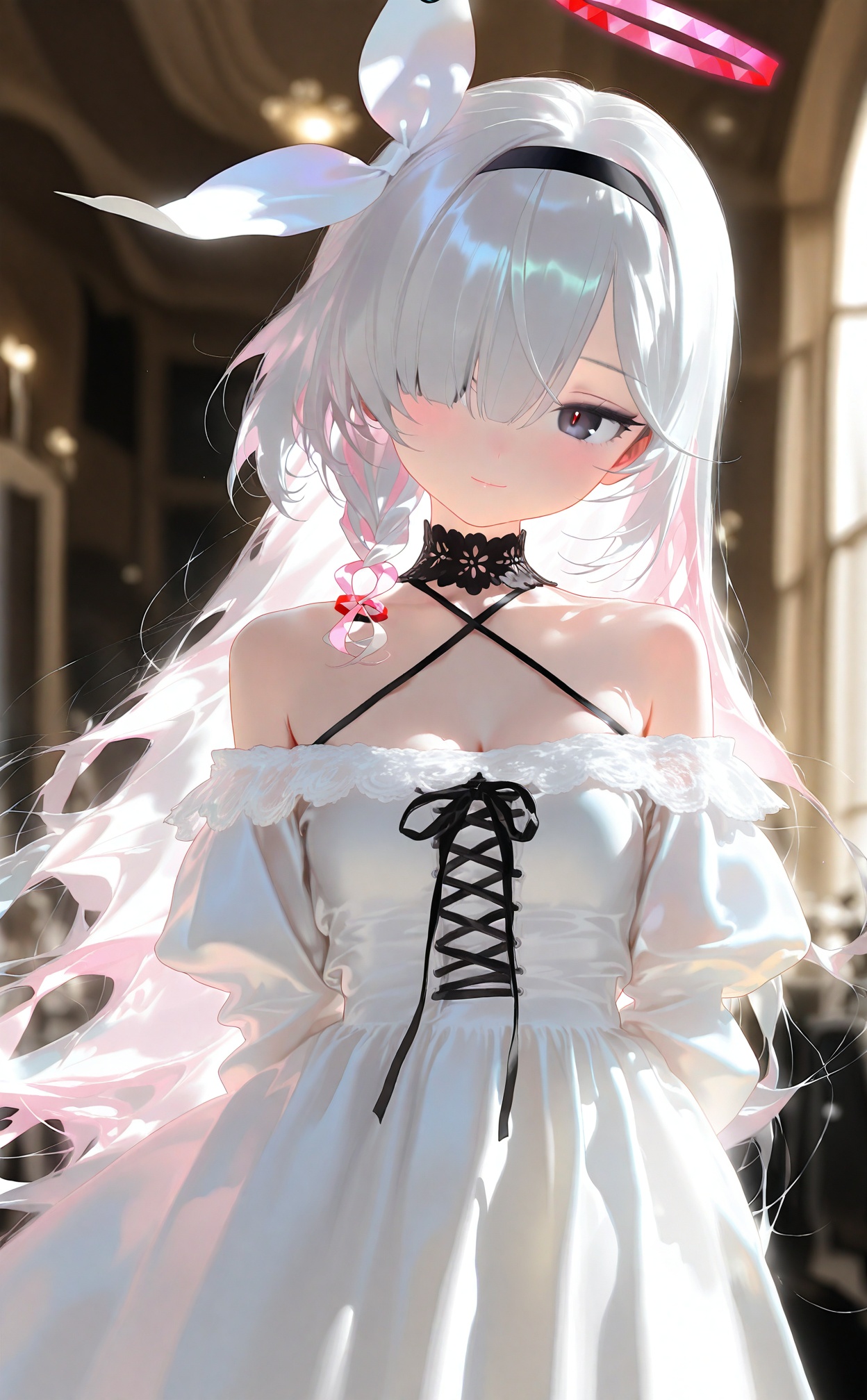 nyalia, 1girl, plana (blue archive), dress, halo, white dress, hairband, black hairband, long hair, hair over one eye, breasts, off-shoulder dress, choker, red pupils, looking at viewer, white hair, halterneck, black choker, closed mouth, solo, alternate costume, pink hair, black eyes, single braid, off shoulder, braid, criss-cross halter, colored inner hair, multicolored hair, small breasts, blurry background, blurry, bare shoulders, blush, arms behind back, lace-trimmed dress, cleavage, very long hair, lace trim, ribbon, pink halo, collarbone, indoors, red halo, halter dress, head tilt, white ribbon, bow, side braid, cowboy shot, hair ribbon, two-tone hair, lace choker, depth of field, lace, long sleeves, pink pupils, white bow, hair bow, smile, standing, black ribbon, grey eyes, cross-laced clothes, one eye covered, lace-trimmed choker, light smile, puffy sleeves <lora:nyalia acid4up-000023:0.8>