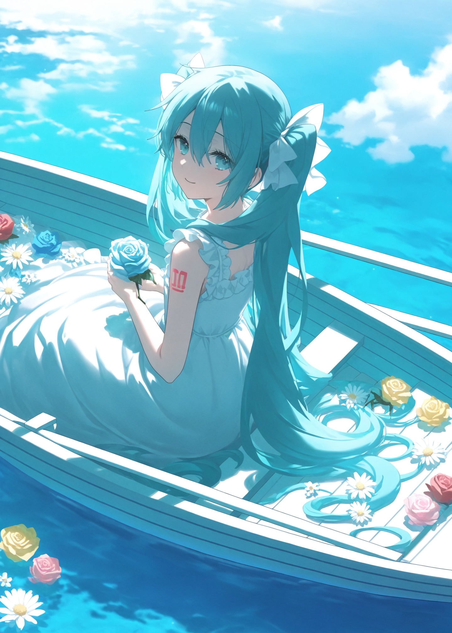 masterpiece,absurdres,best quality,petite,high quality,//,1girl,hatsune_miku,solo,long_hair,dress,flower,boat,blue_theme,rose,watercraft,holding,looking_back,looking_at_viewer,water,twintails,white_dress,very_long_hair,smile,white_flower,sleeveless_dress,sitting,blue_flower,sleeveless,hair_between_eyes,aqua_theme,frills,aqua_eyes,white_rose,reflection,aqua_hair,daisy,blue_hair,closed_mouth,from_behind,blue_eyes,blue_rose,yellow_flower,frilled_dress,red_flower,bare_arms,ribbon,bow,number_tattoo,sundress,long_dress,holding_flower,hair_bow,outdoors,light_smile,bare_shoulders,hair_ribbon,oar,from_above,reflective_water,pink_rose,white_ribbon,white_bow,yellow_rose,tattoo,red_rose,ripples,holding_cup,hair_ornament,ocean,caustics,day,sky,clothing_cutout,backlighting,chrysanthemum,cloud,pink_flower,shoulder_tattoo,blurry,sidelocks,shadow,sunlight,//,<lora:konya_karasue2——【CKXL】hans:0.85>,