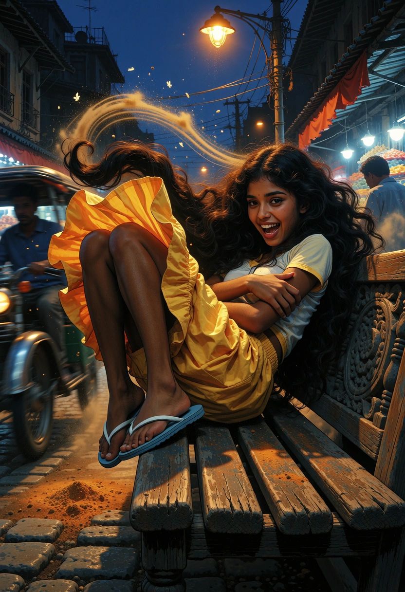 A cinematic graphic illustration of a young Sri Lankan woman named Ananya,  rendered with the bold,  high-contrast aesthet...