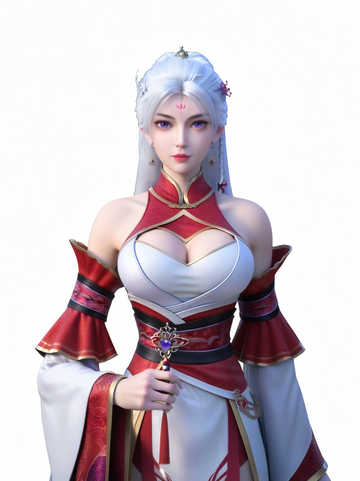 score_9,1girl,solo,dress,long hair,white hair,bare shoulders,braid,detached sleeves,forehead mark,earrings,purple eyes,hair ornament,eyelashes,large breasts,standing,wide sleeves,lipstick,looking at viewer,white background,simple background,cowboy_shot,<lora:SF_ChuLingEr_Pony_Realism2.3-000004:0.7>,