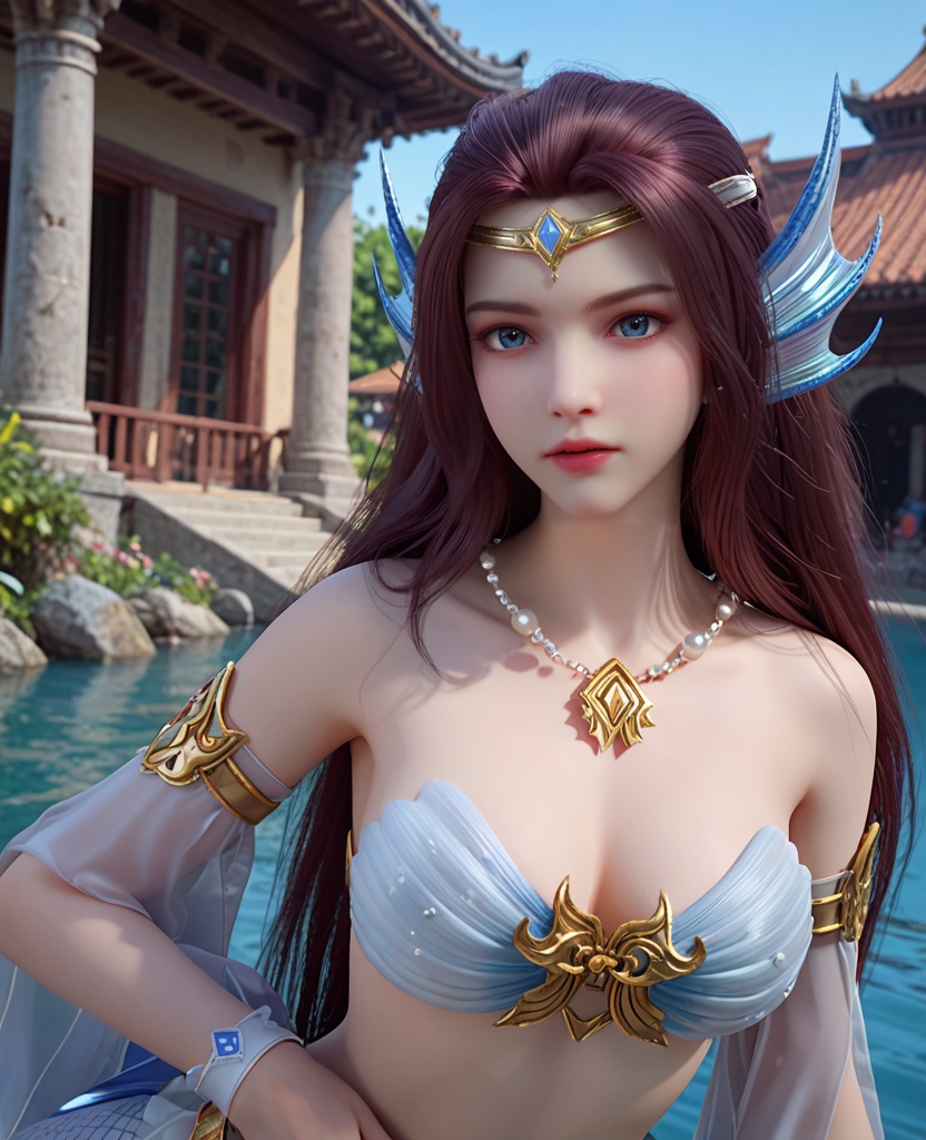 (oriental architecture, elegant decor, sophisticated style:1.1),Bending down to smell a flower, expressing a moment of joy and appreciation,,(breasts:1.2),<lora:XL完美世界人鱼少女:0.8>,mermaid,solo,shell bikini,tail of mermaid,blue eyes,circlet,brown hair,long hair,head fins,necklace,armlet,detached sleeves of see-through,wristband,scales,, zPDXL2, score_9, score_8_up, score_7_up BREAK realistic, masterpiece,best quality, highly detailed,, zPDXL3, zPDXL2,zPDXL, zPDXLxxx, zPDXLrl,
