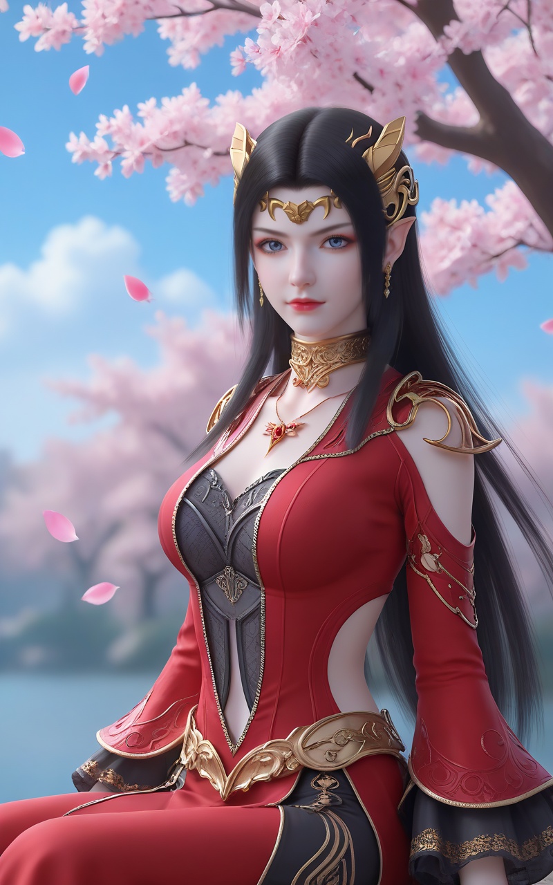 <lora:美杜莎pony-000013:0.6>,meidusha,1girl,solo,jewelry,pointy ears,black hair,dress,earrings,blue sky,clothing cutout,red dress,long hair,sky,hair ornament,blue eyes,necklace,petals,falling petals,cherry blossoms,closed mouth,sitting,upper body,breasts,outdoors,metal collar,cloud,looking at viewer,depth of field,masterpiece,best quality,very aesthetic,2024,2023,perfect composition,ultra-detailed,extreme aesthetic,(quasarcake:0.7),masterpiece,best quality,good quality,newest,year 2024,year 2023,very aesthetic,absurdres,looking_at_viewer,colorful,