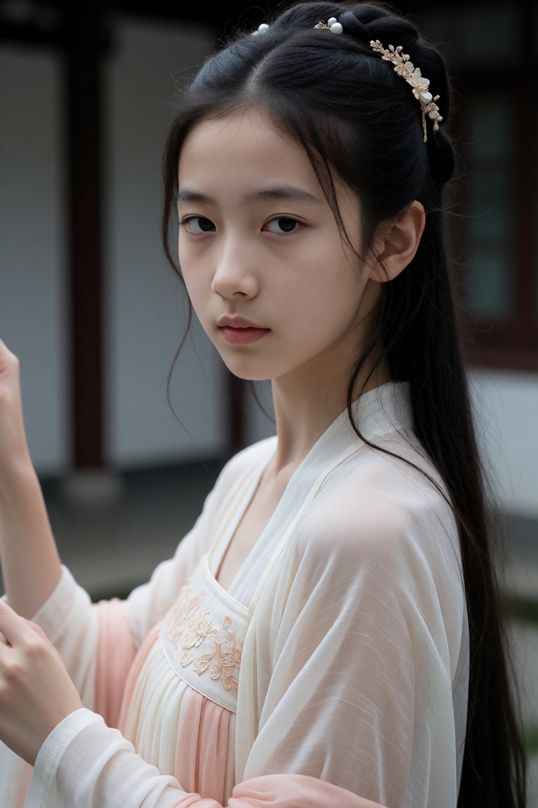 照片的主角是一位年轻的东亚女性,  看起来大约十七八岁或二十出头。她一头乌黑的长发,  优雅地盘成发髻 on Tensor.Art
