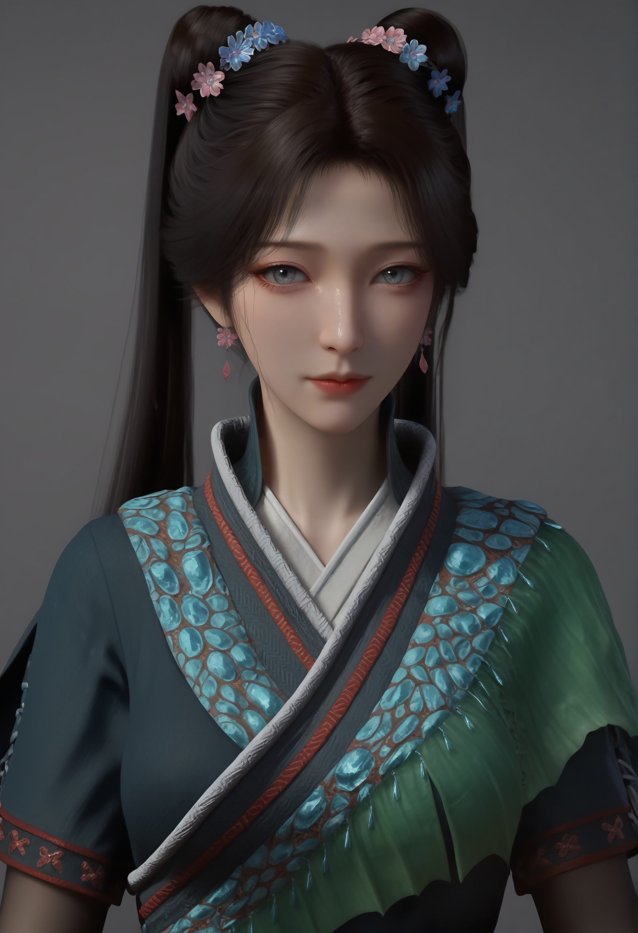 (score_9),<lora:梅凝双马尾-Apony:0.83>,meining,1girl,solo,long hair,black hair,twintails,flower earrings,hair flower,high collar,chinese clothes,belt,black elbow_gloves,<lora:perfect-eyes:0.8>,grey_iris,gradient_eyes,grey_pupils,<lora:Expressive_H:0.8>,looking at viewer,front view,<lora:e色温:0.5>,(Ivory_skin),(sweaty_skin),white_skin,<lora:e肤色滑块:0.5>,mature,collarbone,glamor,puffy breasts,pointy_breasts,simple background,